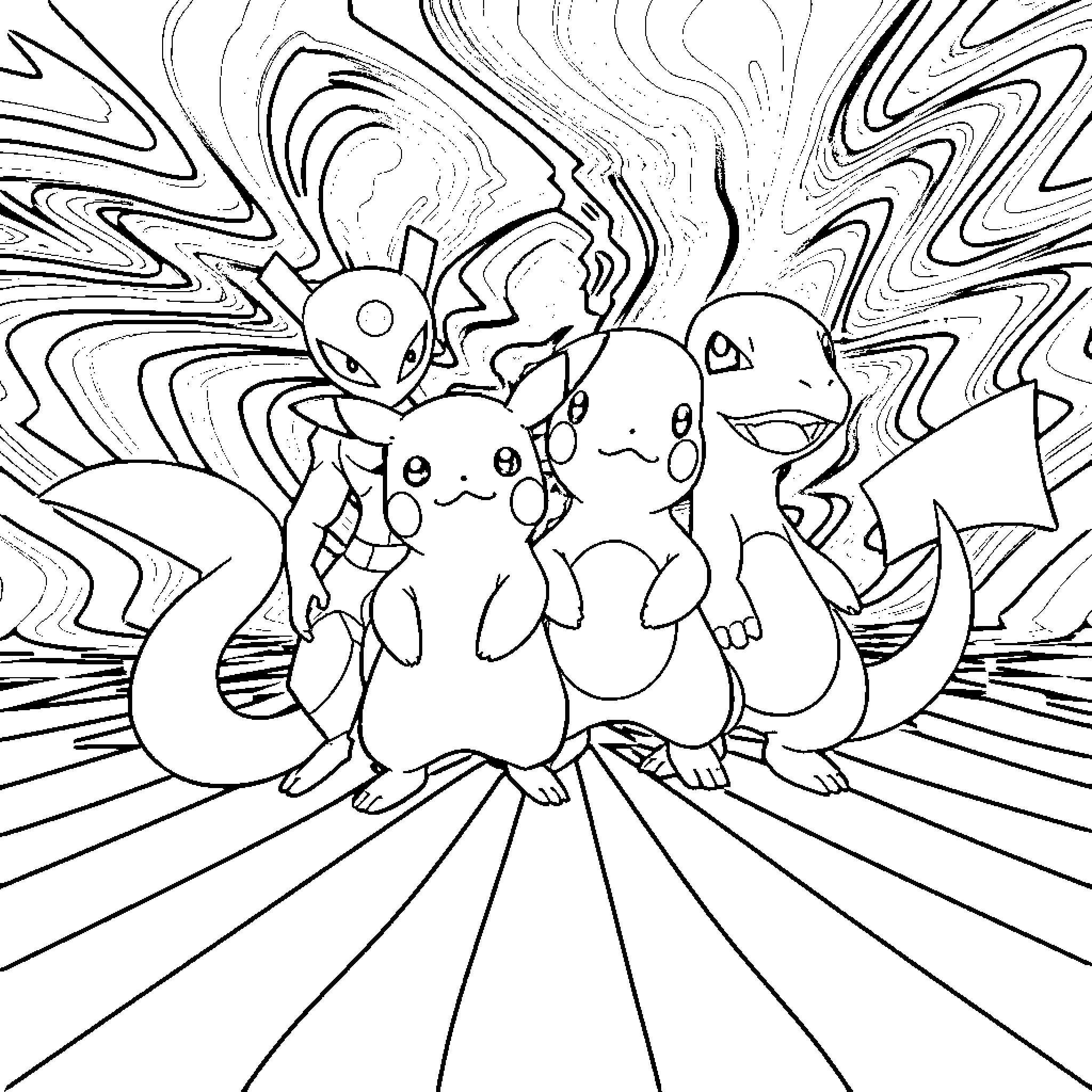 Pokémon characters in vibrant illustration Coloring Page (free black-and-white line drawing printable PDF for all, from beginners to advanced learners, including children, teens, adults, and seniors)