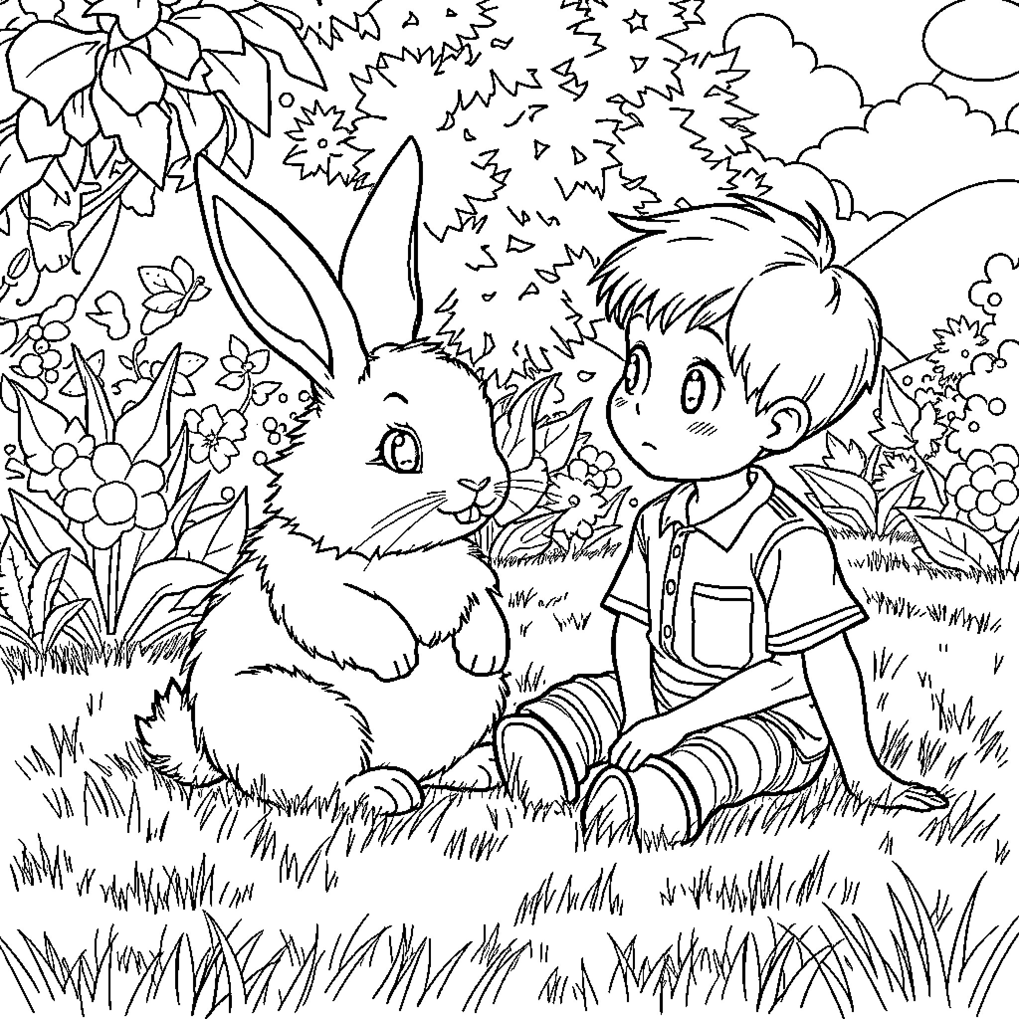 Rabbit and boy enjoying nature together Coloring Page (free black-and-white line drawing printable PDF for all, from beginners to advanced learners, including children, teens, adults, and seniors)