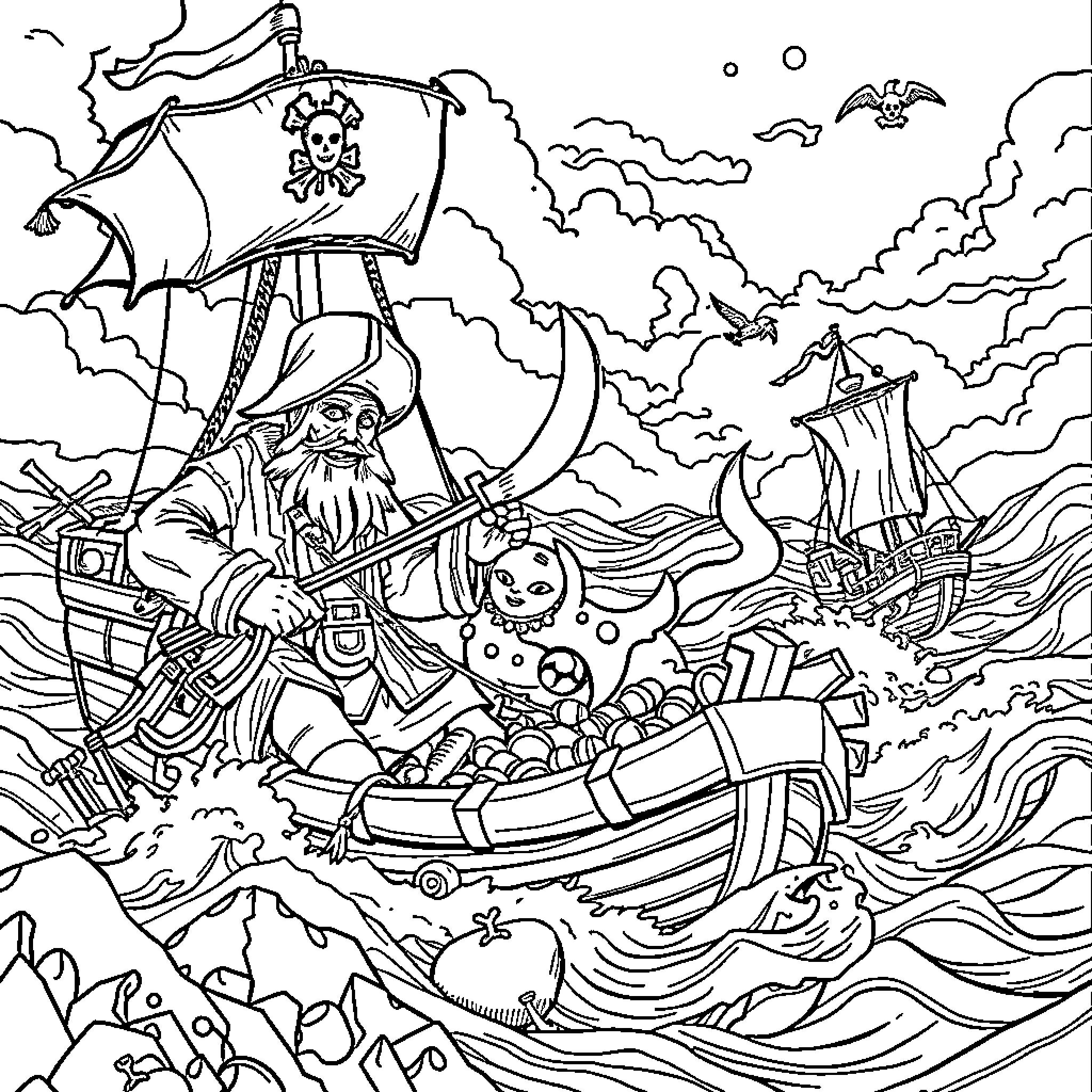 One Piece: Pirates Sailing on the Stormy Seas Coloring Page (free black-and-white line drawing printable PDF for all, from beginners to advanced learners, including children, teens, adults, and seniors)