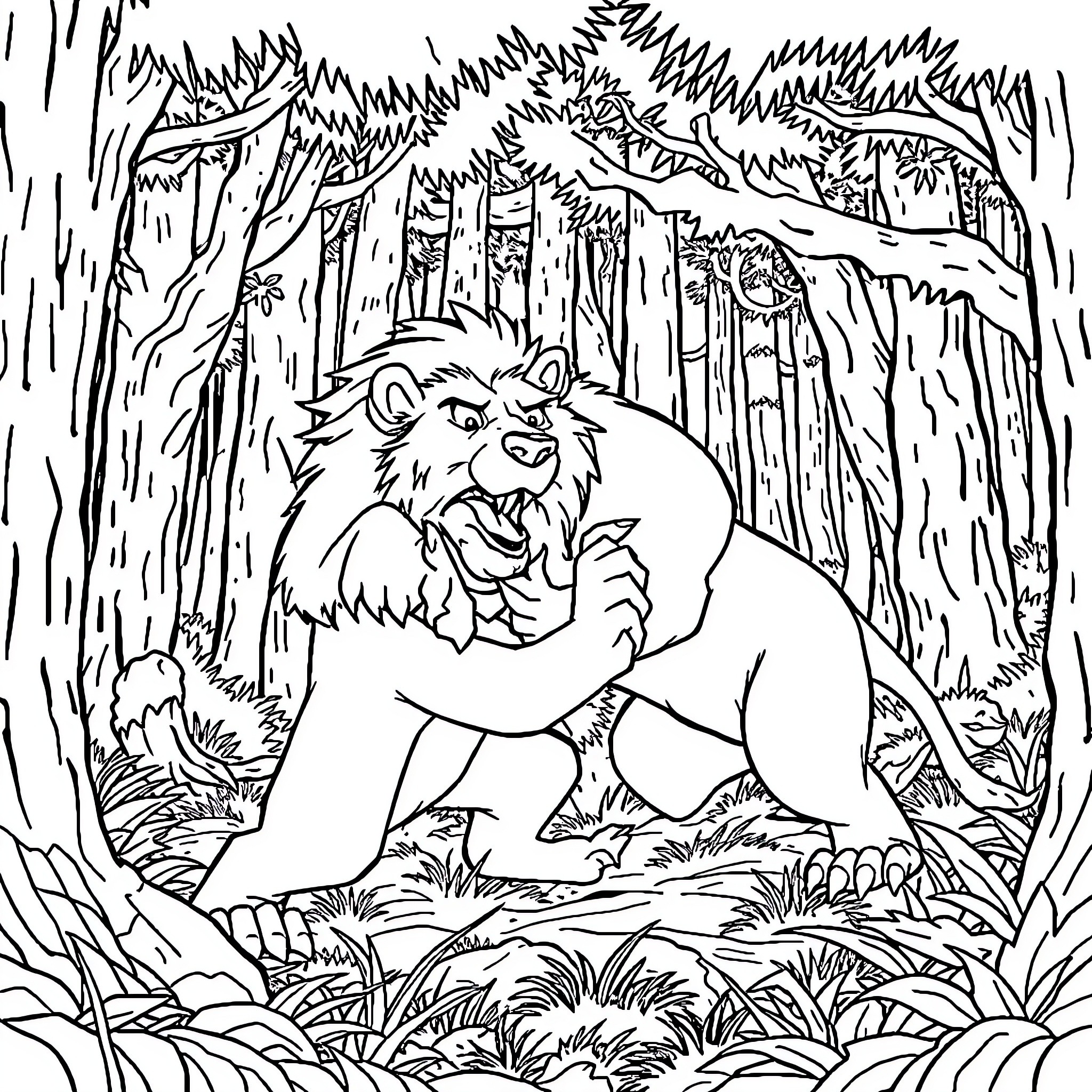 Lion-O enjoying nature in the forest Coloring Page (free black-and-white line drawing printable PDF for all, from beginners to advanced learners, including children, teens, adults, and seniors)