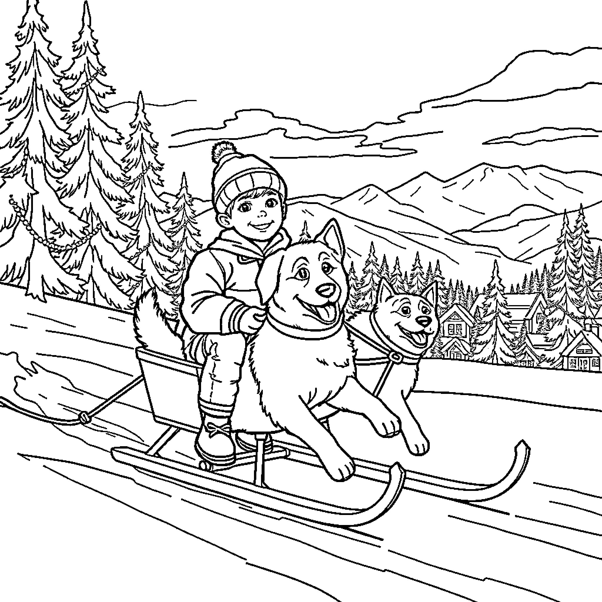 Boy enjoying winter sports with his dog Coloring Page (free black-and-white line drawing printable PDF for all, from beginners to advanced learners, including children, teens, adults, and seniors)