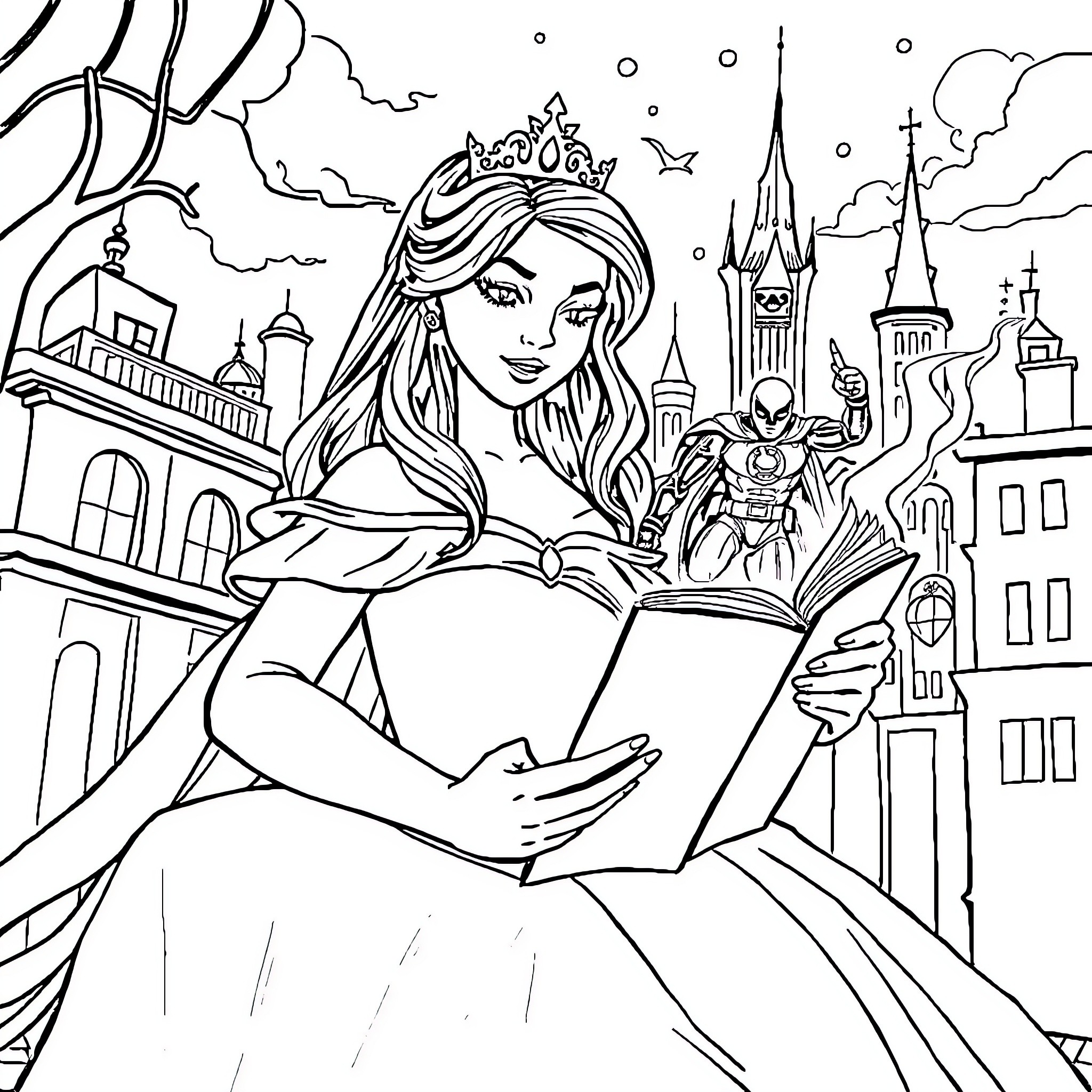 Princess reading a magical book in the city Coloring Page (free black-and-white line drawing printable PDF for all, from beginners to advanced learners, including children, teens, adults, and seniors)
