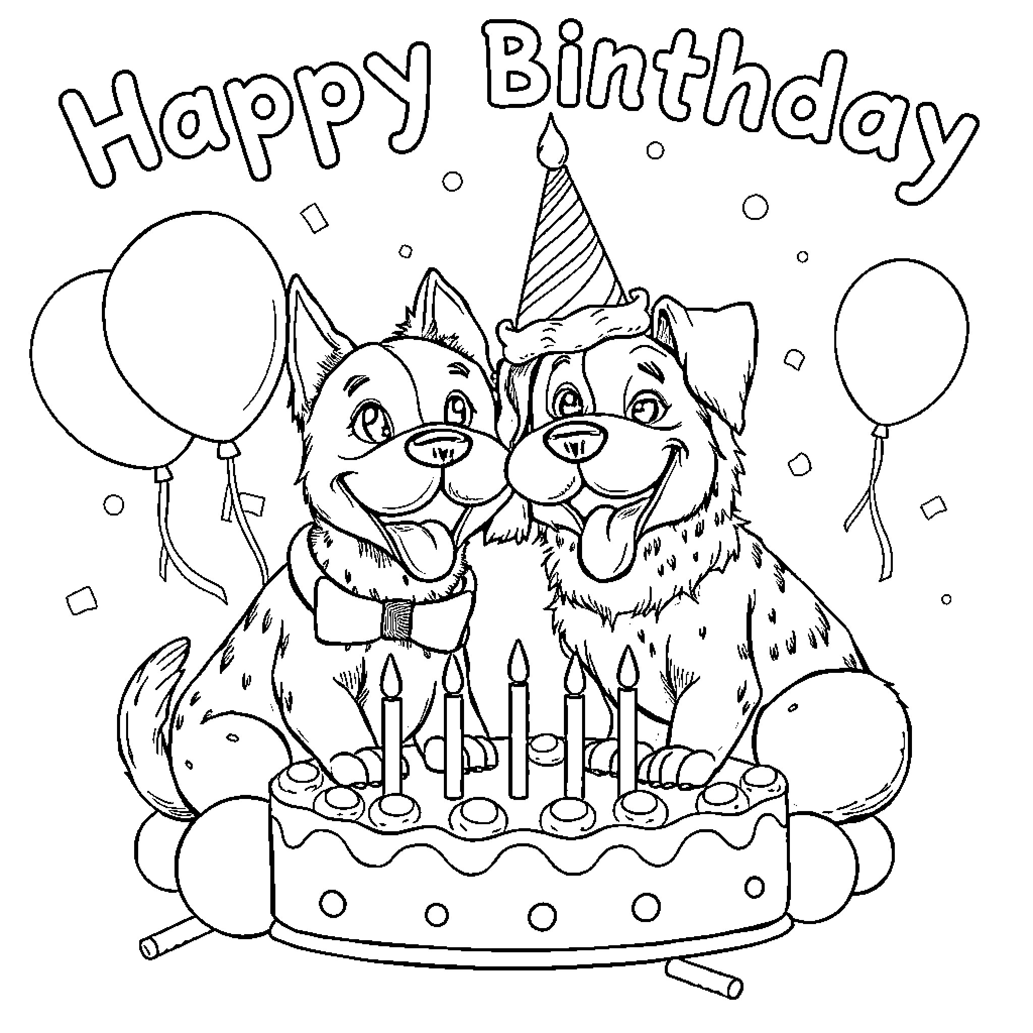 Paw Patrol Puppies Celebrate Happy Birthday Coloring Page (free black-and-white line drawing printable PDF for all, from beginners to advanced learners, including children, teens, adults, and seniors)