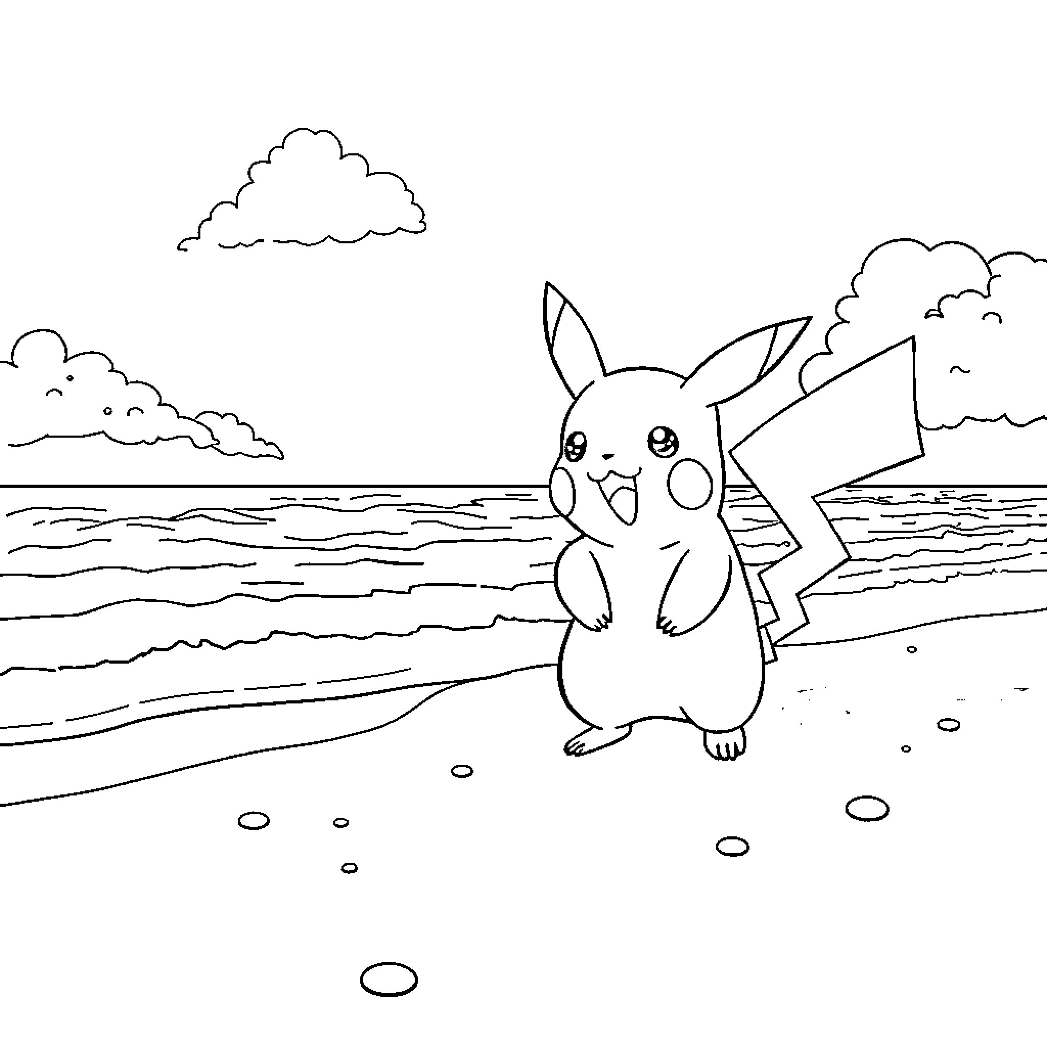 Unicorn-inspired Pokemon enjoying the beach Coloring Page (free black-and-white line drawing printable PDF for all, from beginners to advanced learners, including children, teens, adults, and seniors)