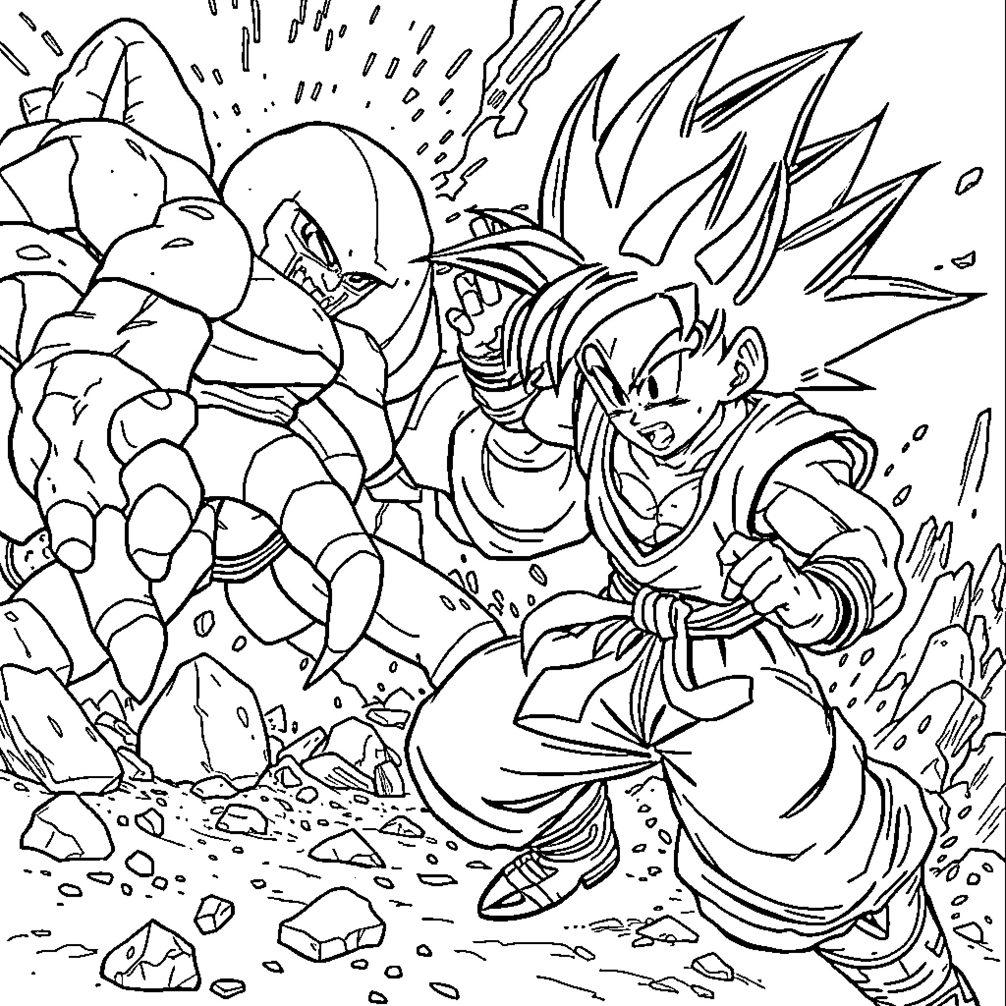 Gohan's Intense Battle Against Powerful Foes Coloring Page (free black-and-white line drawing printable PDF for all, from beginners to advanced learners, including children, teens, adults, and seniors)