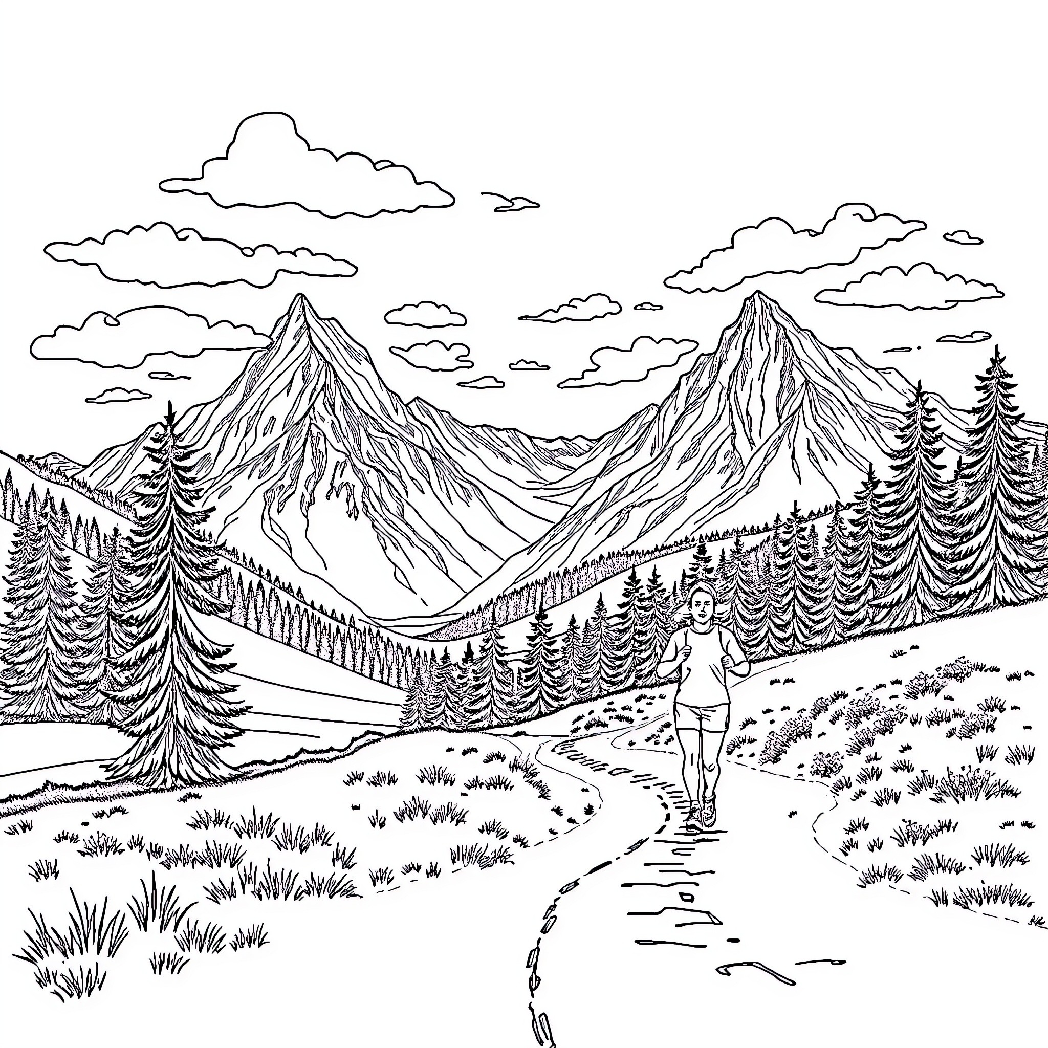 Rose's Tranquil Mountain Trail Coloring Page (free black-and-white line drawing printable PDF for all, from beginners to advanced learners, including children, teens, adults, and seniors)