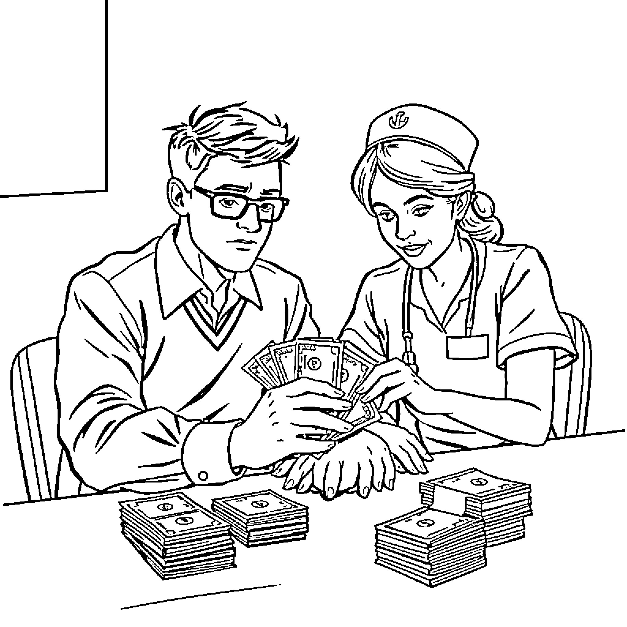 Teacher and student discussing money matters Coloring Page (free black-and-white line drawing printable PDF for all, from beginners to advanced learners, including children, teens, adults, and seniors)