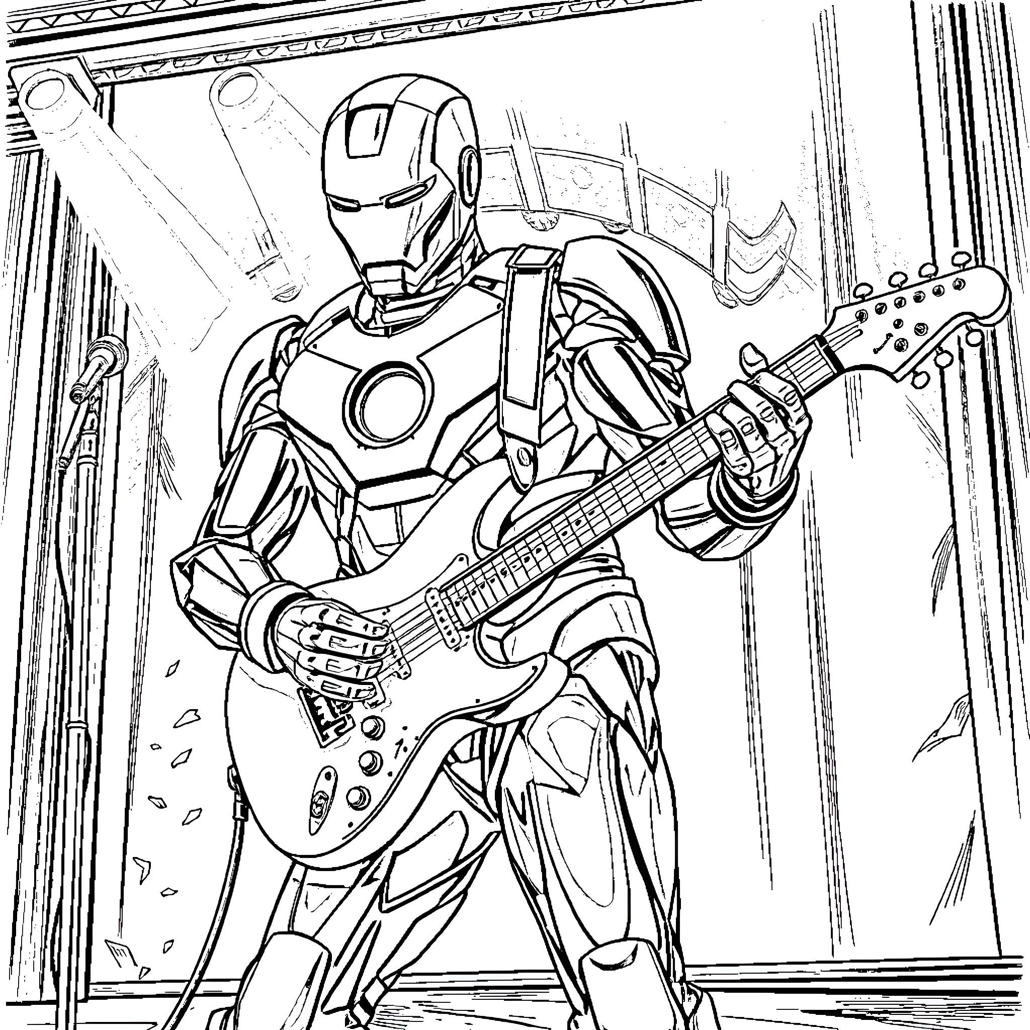 Iron Man Playing Electric Guitar Coloring Page (free black-and-white line drawing printable PDF for all, from beginners to advanced learners, including children, teens, adults, and seniors)
