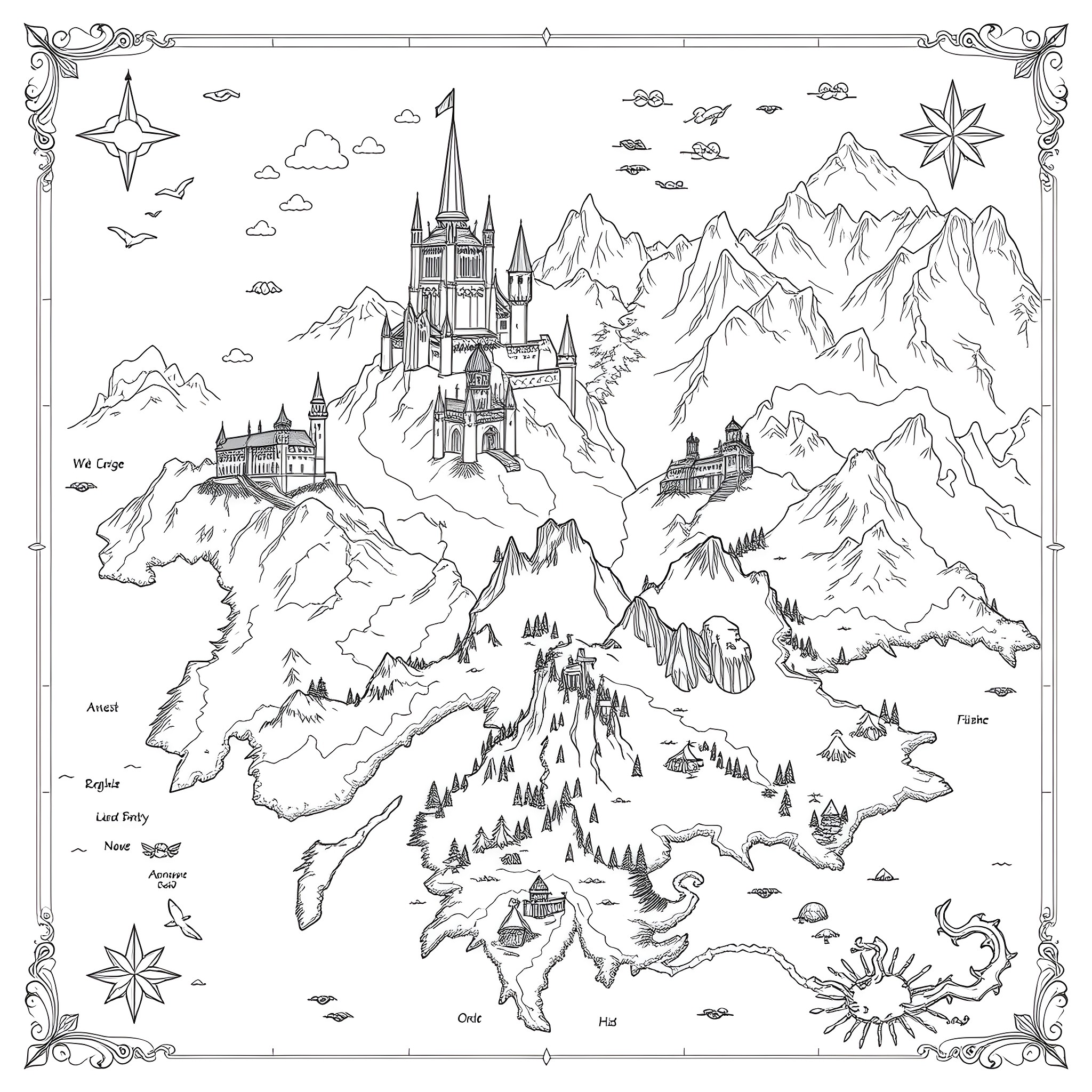 Map of a Magical Fantasy Landscape with Castles and Mountains Coloring Page (free black-and-white line drawing printable PDF for all, from beginners to advanced learners, including children, teens, adults, and seniors)