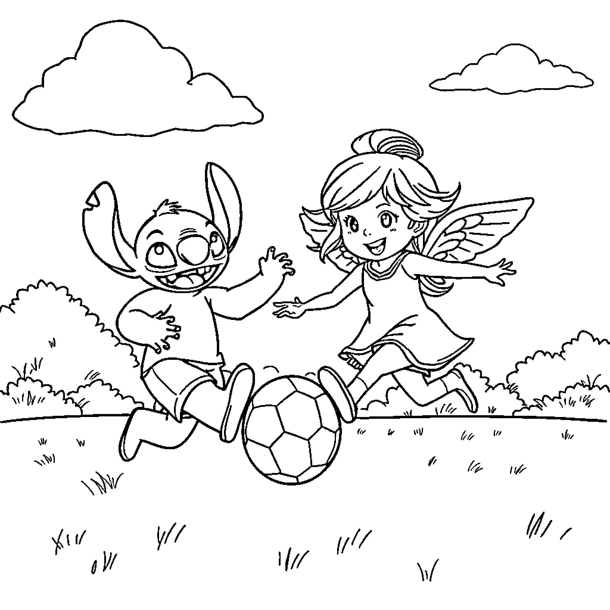 Stitch and Fairy Playing Soccer in Meadow Coloring Page (free black-and-white line drawing printable PDF for all, from beginners to advanced learners, including children, teens, adults, and seniors)
