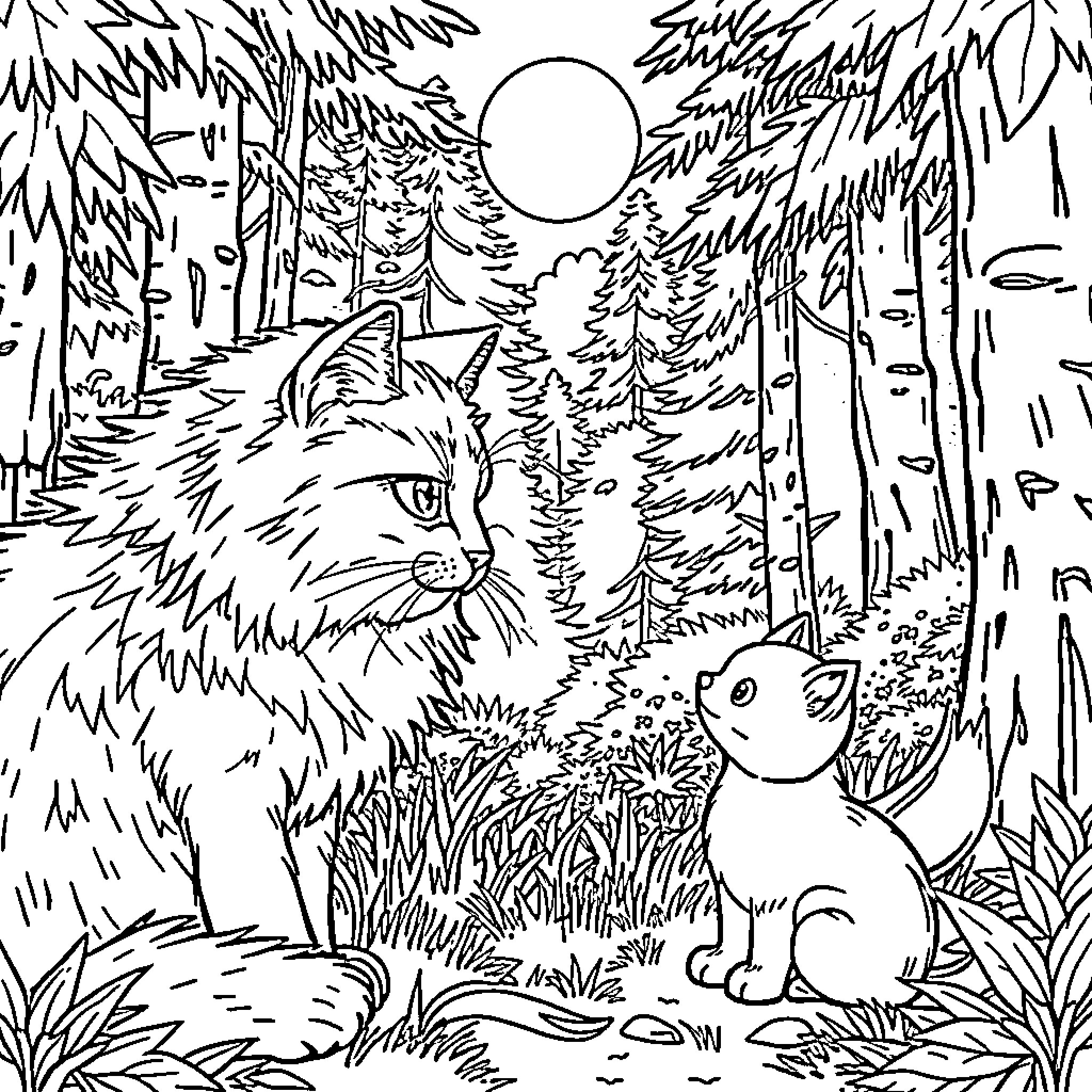 Cat and Companion in the Forest Coloring Page (free black-and-white line drawing printable PDF for all, from beginners to advanced learners, including children, teens, adults, and seniors)