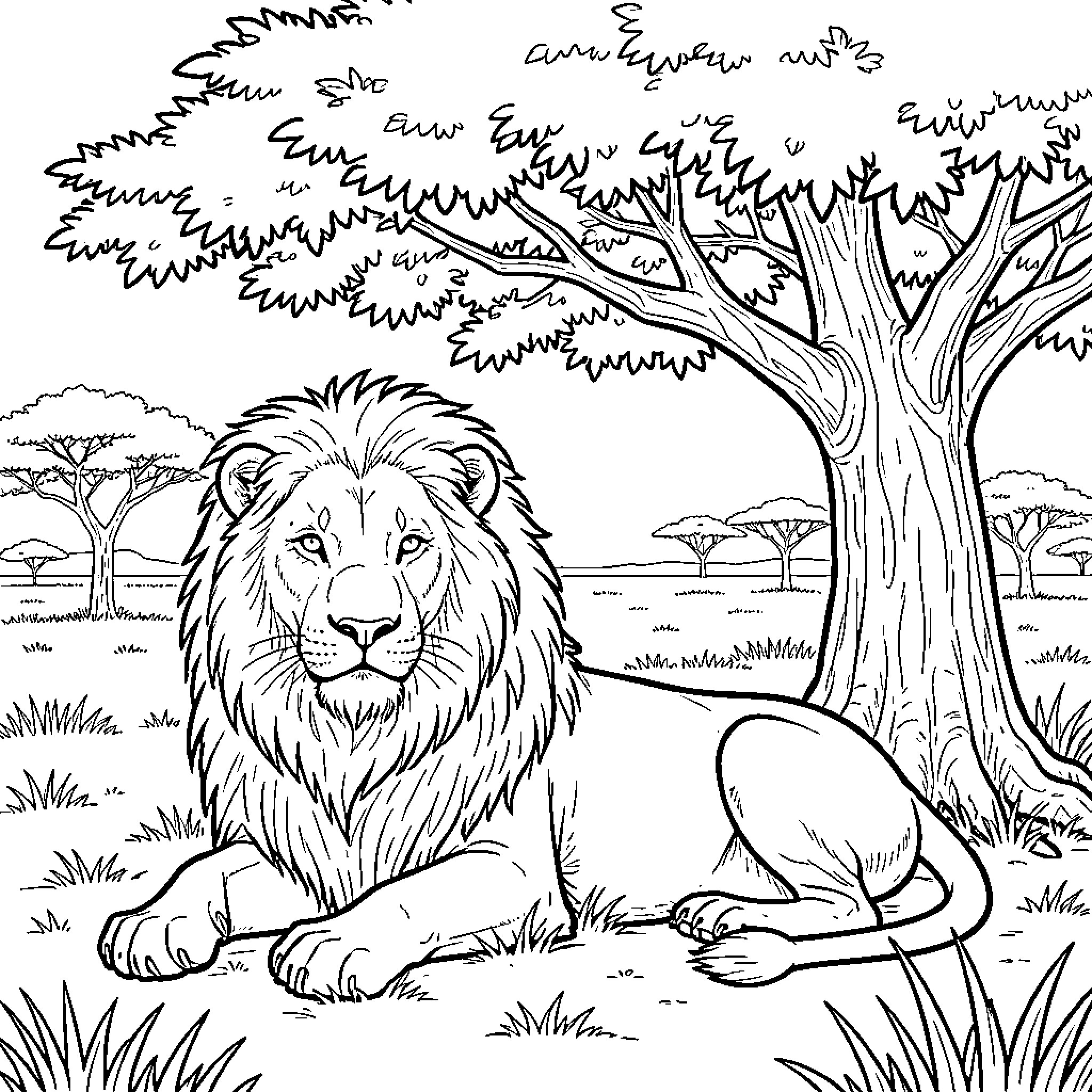 Lion resting peacefully in the African savanna Coloring Page (free black-and-white line drawing printable PDF for all, from beginners to advanced learners, including children, teens, adults, and seniors)