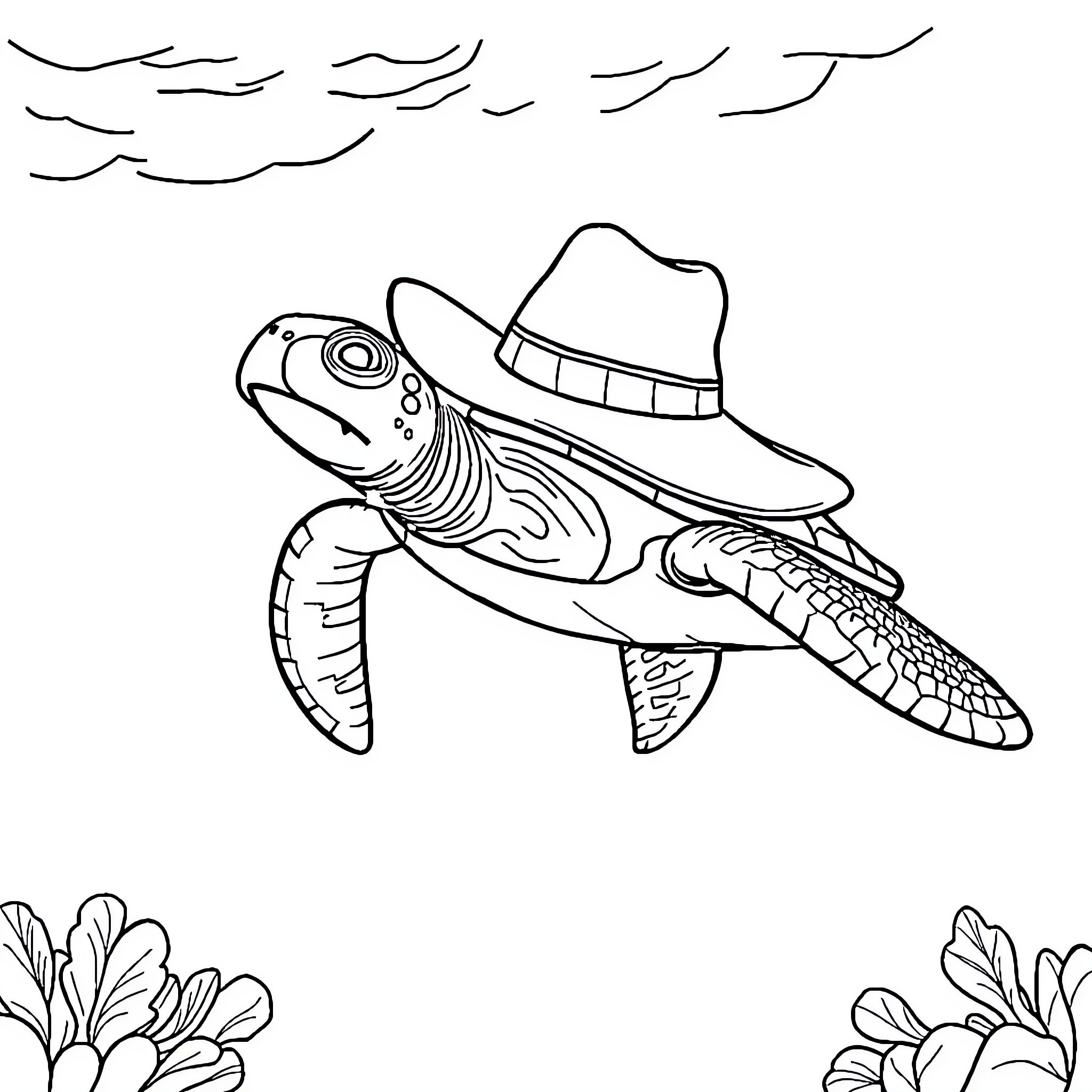 Sea Turtle swimming with sombrero hat Coloring Page (free black-and-white line drawing printable PDF for all, from beginners to advanced learners, including children, teens, adults, and seniors)