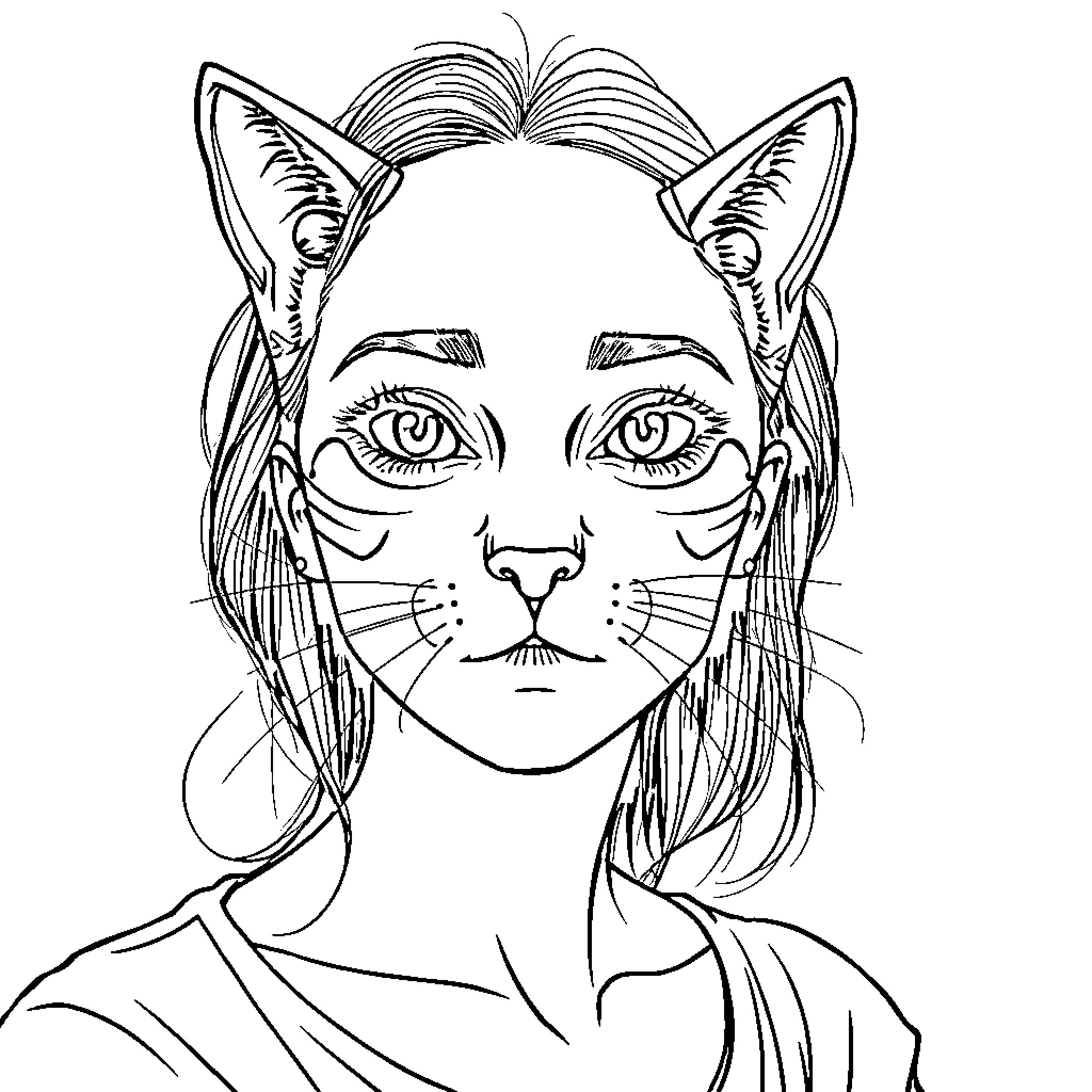 Cat Woman with cat ears and whiskers looking forward Coloring Page (free black-and-white line drawing printable PDF for all, from beginners to advanced learners, including children, teens, adults, and seniors)