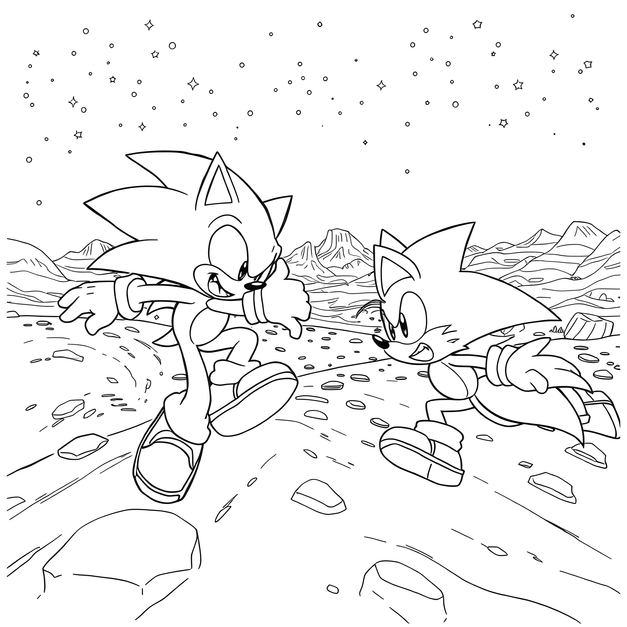Sonic and friends racing through the desert landscape Coloring Page (free black-and-white line drawing printable PDF for all, from beginners to advanced learners, including children, teens, adults, and seniors)