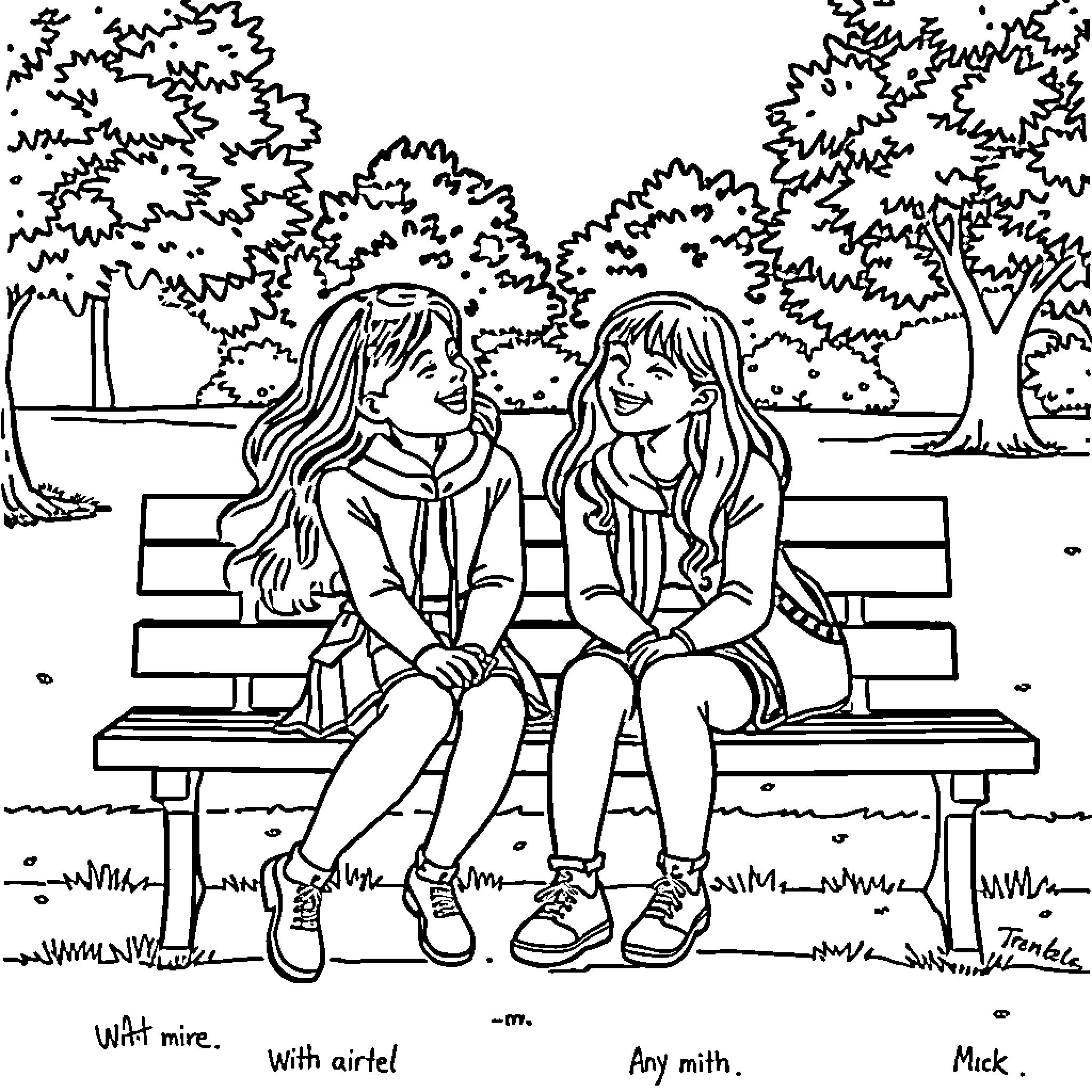 Girls chatting on a park bench Coloring Page (free black-and-white line drawing printable PDF for all, from beginners to advanced learners, including children, teens, adults, and seniors)