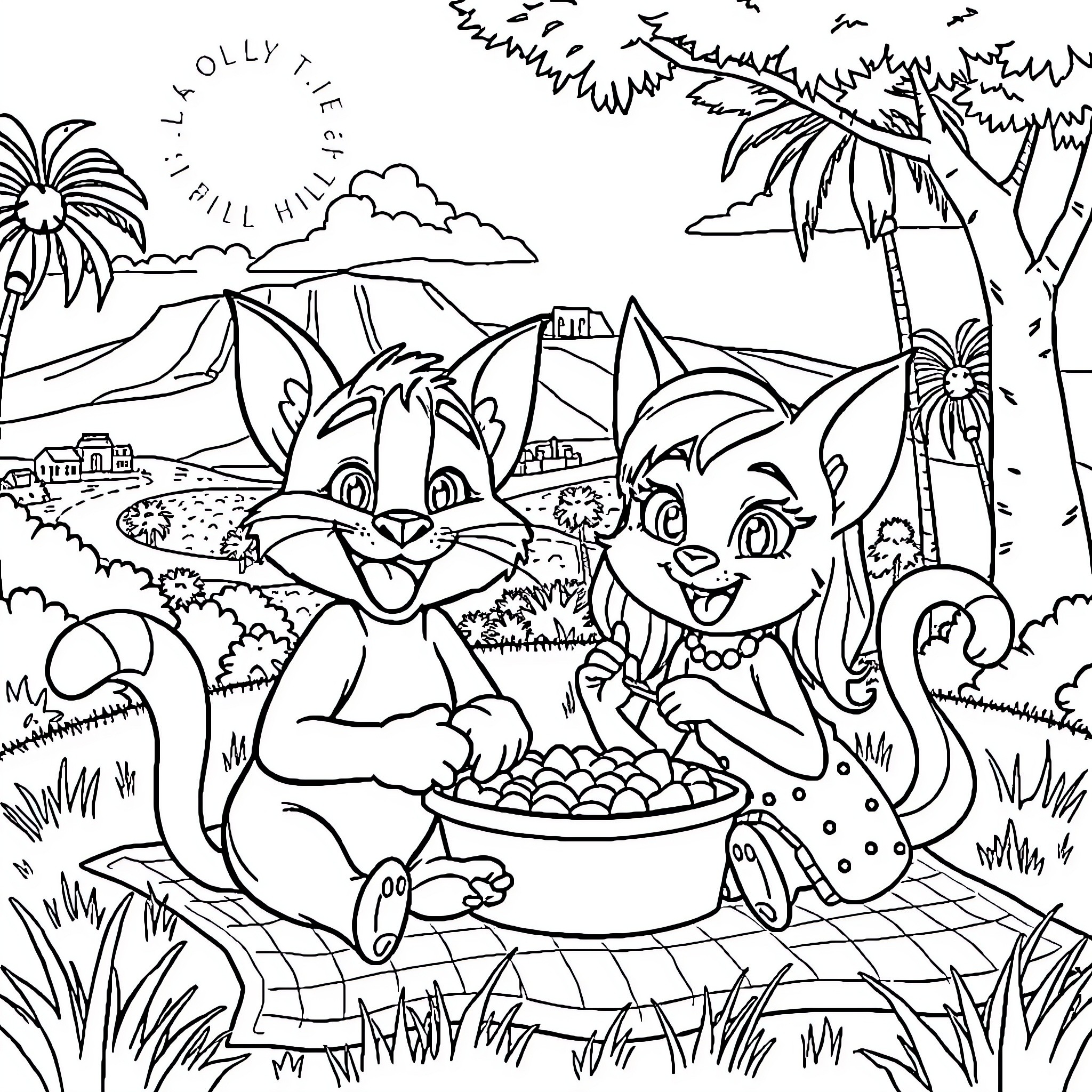 Talking Tom and Friends Enjoying a Picnic Coloring Page (free black-and-white line drawing printable PDF for all, from beginners to advanced learners, including children, teens, adults, and seniors)