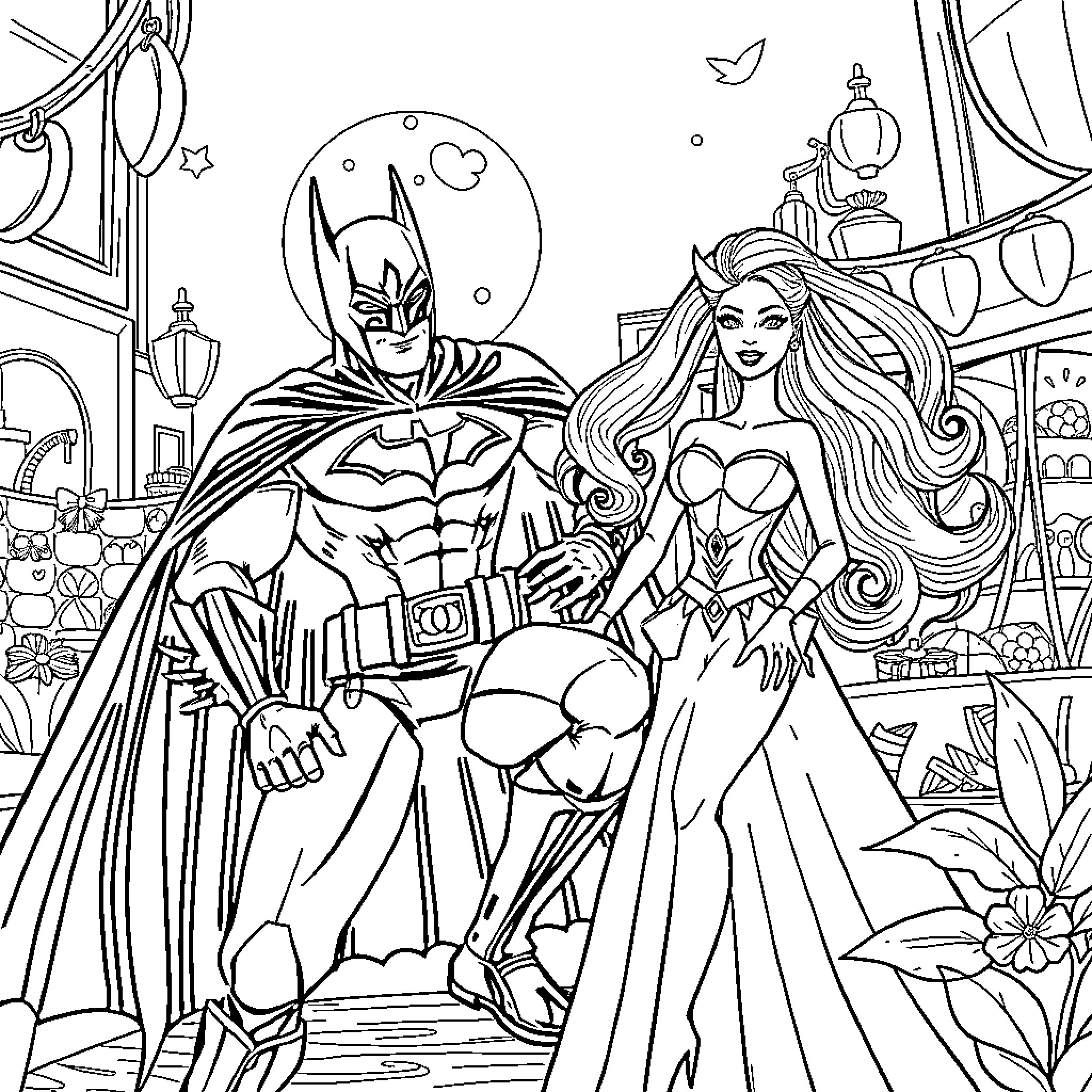 Batman and his Superheroine Companion in a Fantastical Scene Coloring Page (free black-and-white line drawing printable PDF for all, from beginners to advanced learners, including children, teens, adults, and seniors)