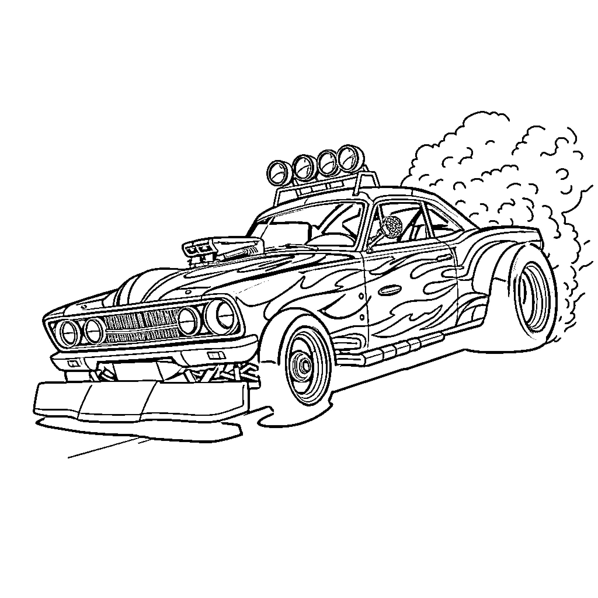Drag Car Racing Down the Track Coloring Page (free black-and-white line drawing printable PDF for all, from beginners to advanced learners, including children, teens, adults, and seniors)