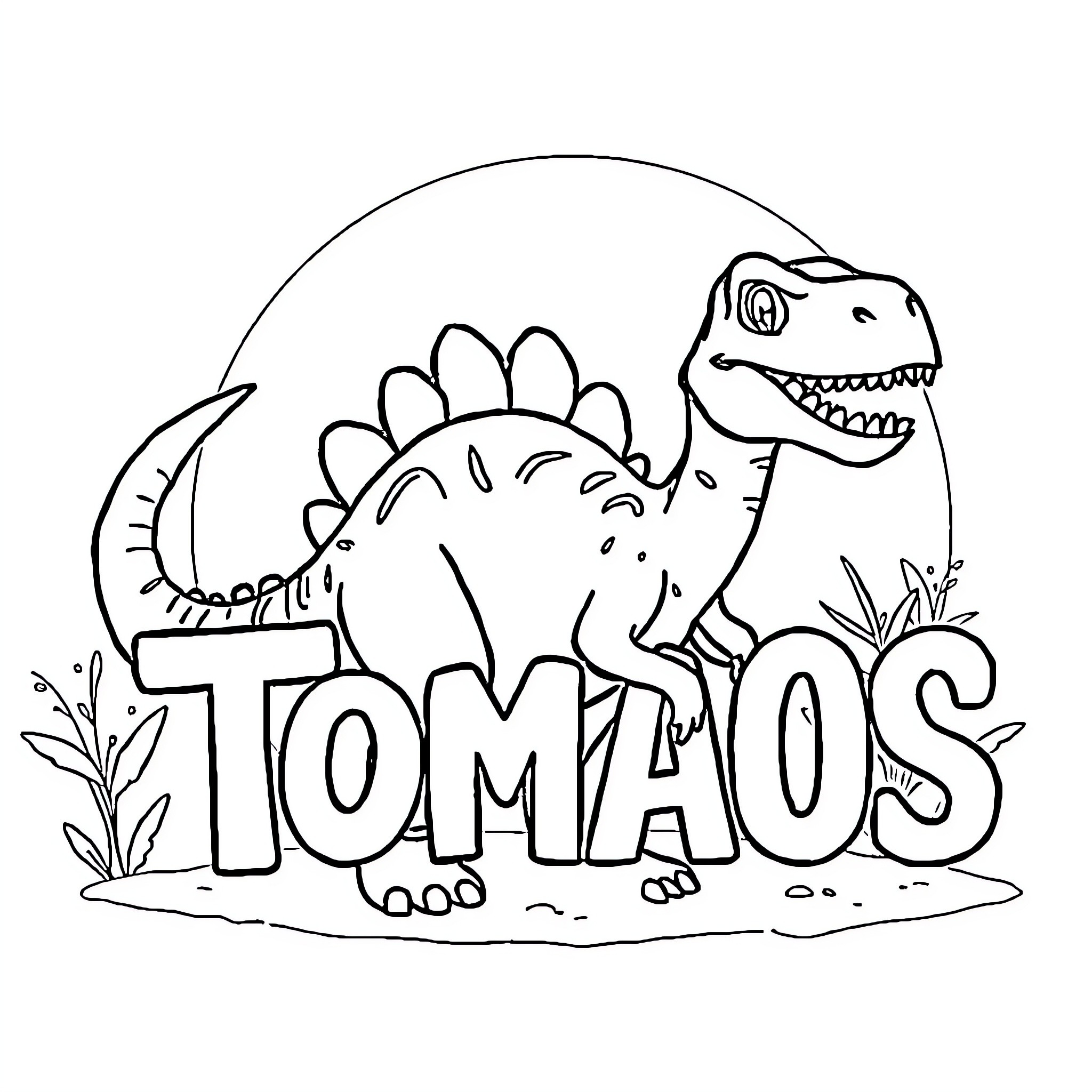 Dinosaurs playing happily in nature Coloring Page (free black-and-white line drawing printable PDF for all, from beginners to advanced learners, including children, teens, adults, and seniors)
