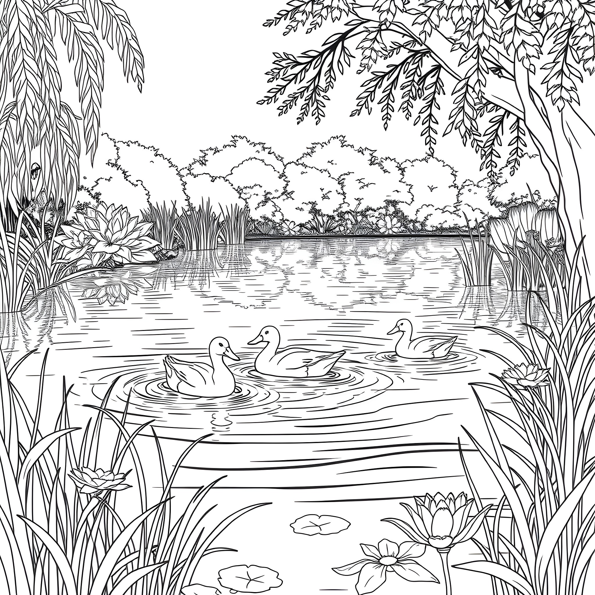 Duck family swimming in serene lake with lush vegetation Coloring Page (free black-and-white line drawing printable PDF for all, from beginners to advanced learners, including children, teens, adults, and seniors)