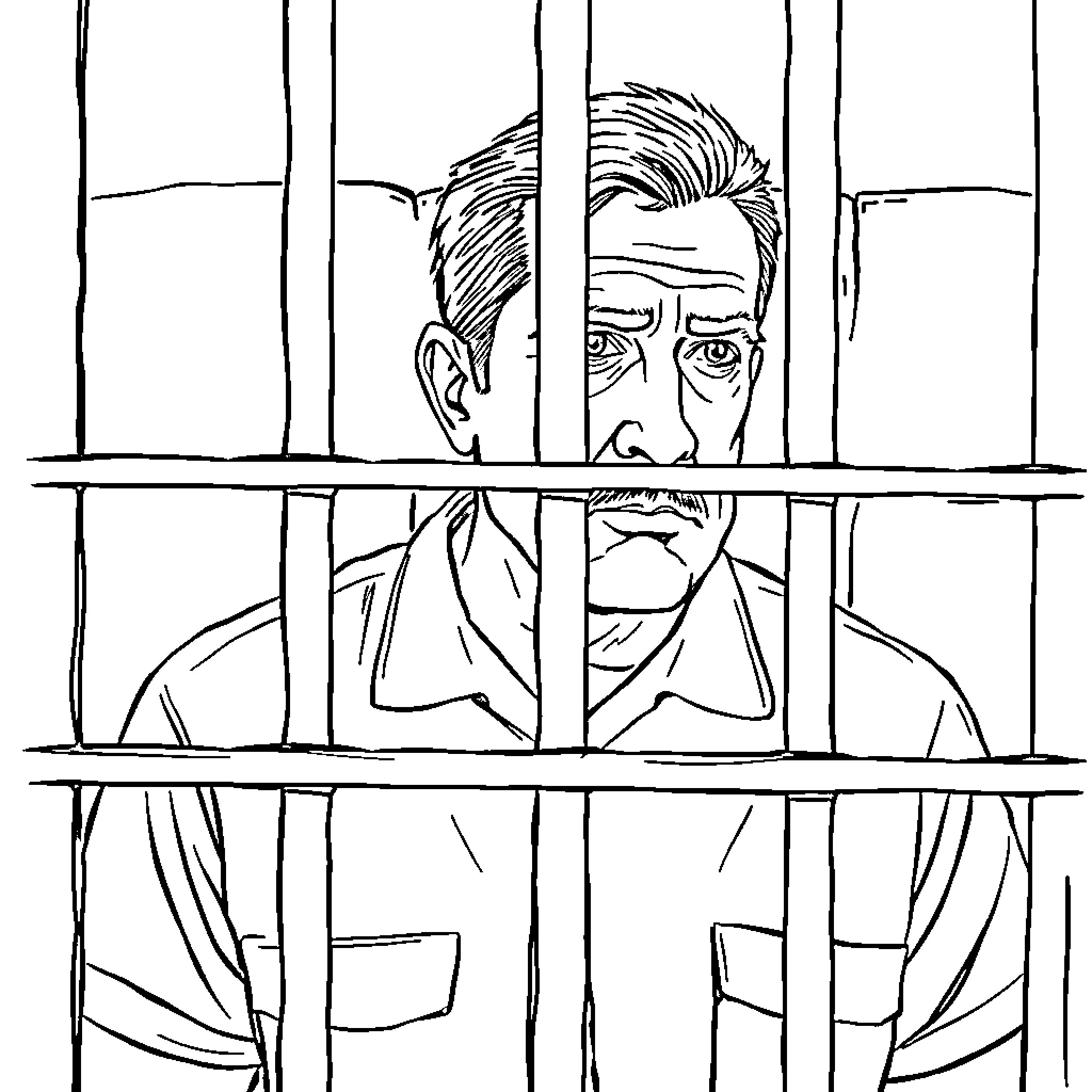 Prime Minister behind bars in distress Coloring Page (free black-and-white line drawing printable PDF for all, from beginners to advanced learners, including children, teens, adults, and seniors)