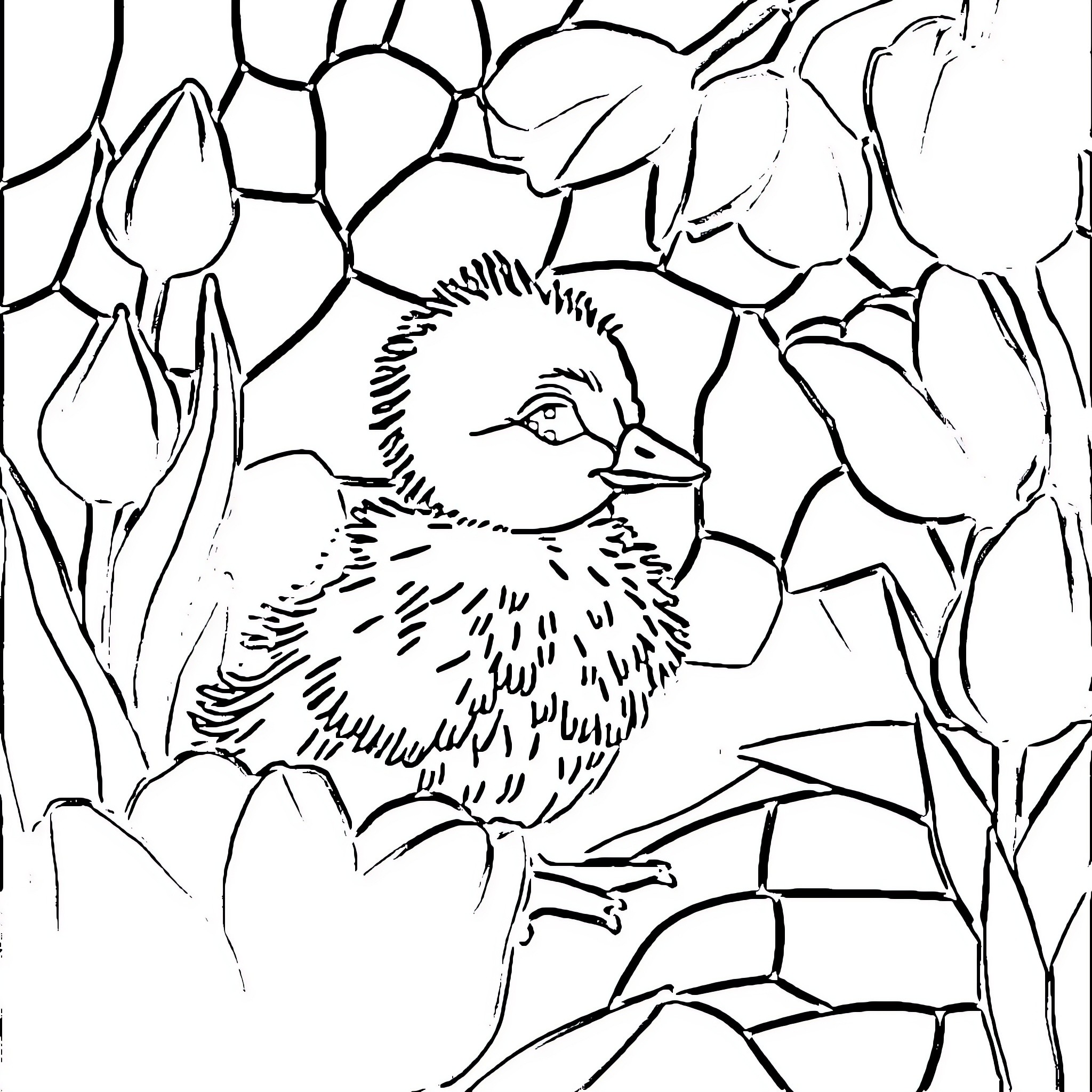 Duckling among blooming flowers Coloring Page (free black-and-white line drawing printable PDF for all, from beginners to advanced learners, including children, teens, adults, and seniors)