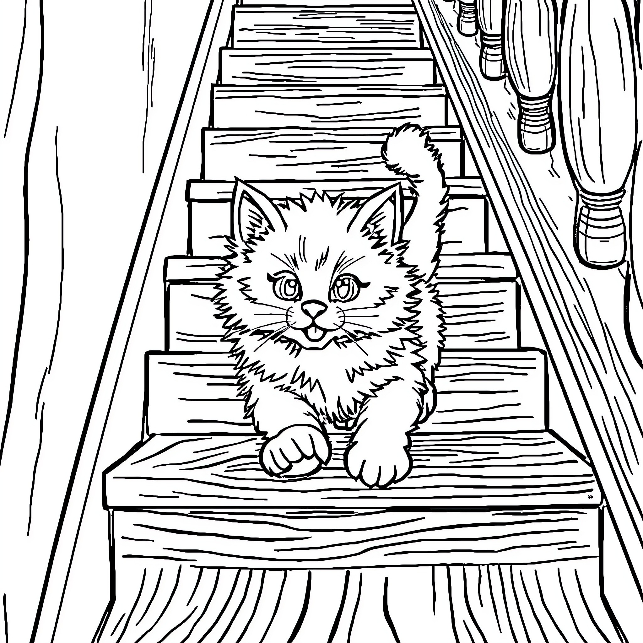 Kitty climbing up the stairs Coloring Page (free black-and-white line drawing printable PDF for all, from beginners to advanced learners, including children, teens, adults, and seniors)
