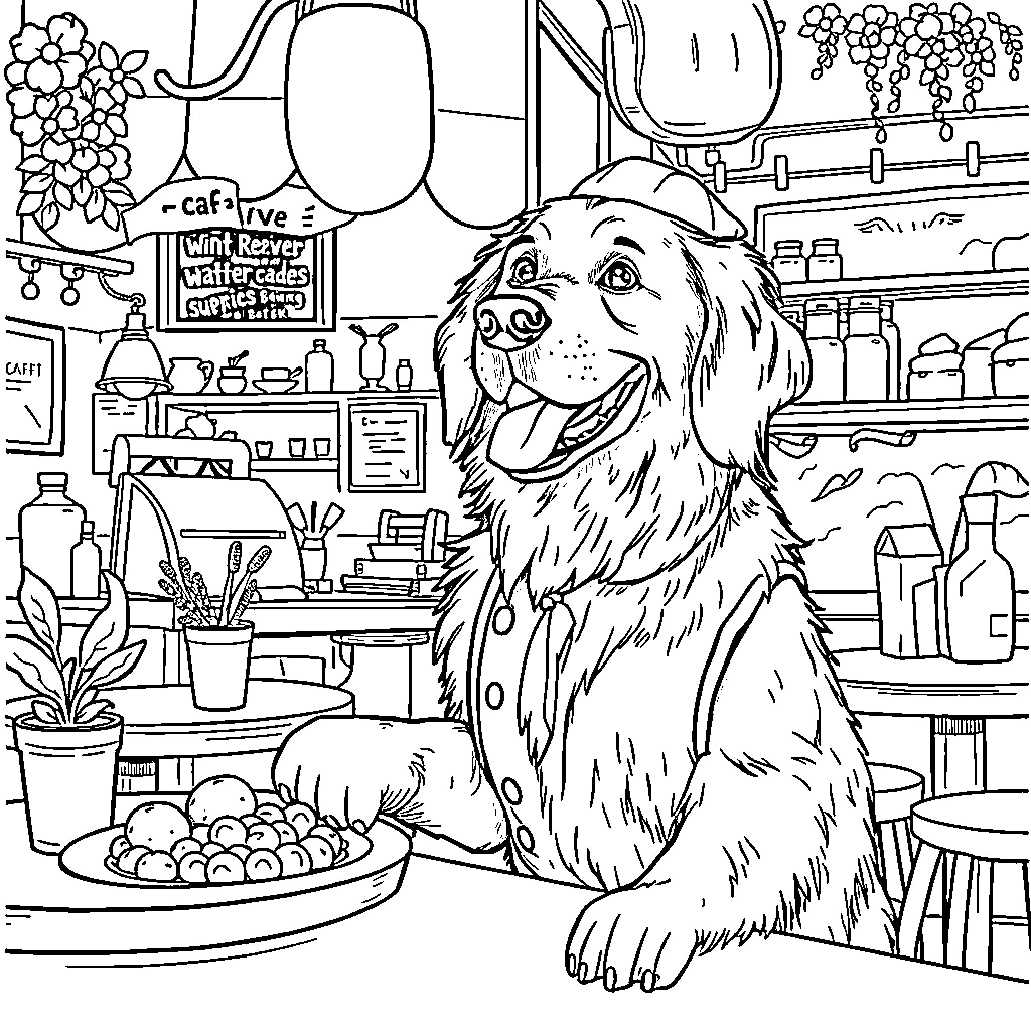 Golden Retriever enjoying a cafe scene Coloring Page (free black-and-white line drawing printable PDF for all, from beginners to advanced learners, including children, teens, adults, and seniors)