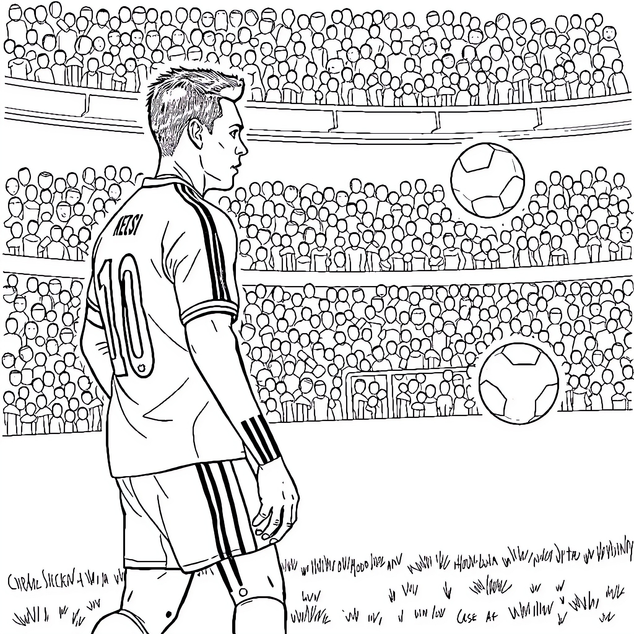Cristiano Ronaldo playing soccer in a stadium Coloring Page (free black-and-white line drawing printable PDF for all, from beginners to advanced learners, including children, teens, adults, and seniors)