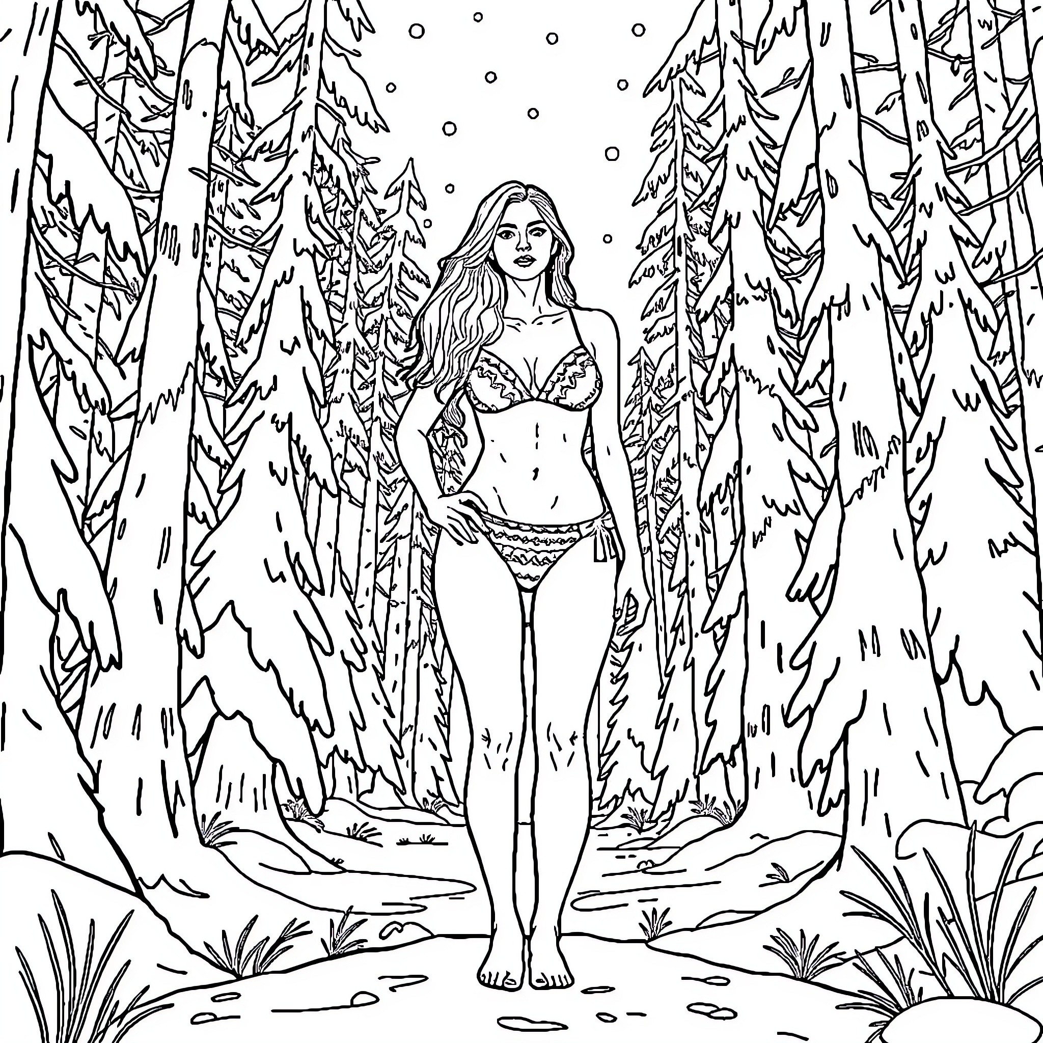 Woman in Snow-Covered Winter Forest Coloring Page (free black-and-white line drawing printable PDF for all, from beginners to advanced learners, including children, teens, adults, and seniors)
