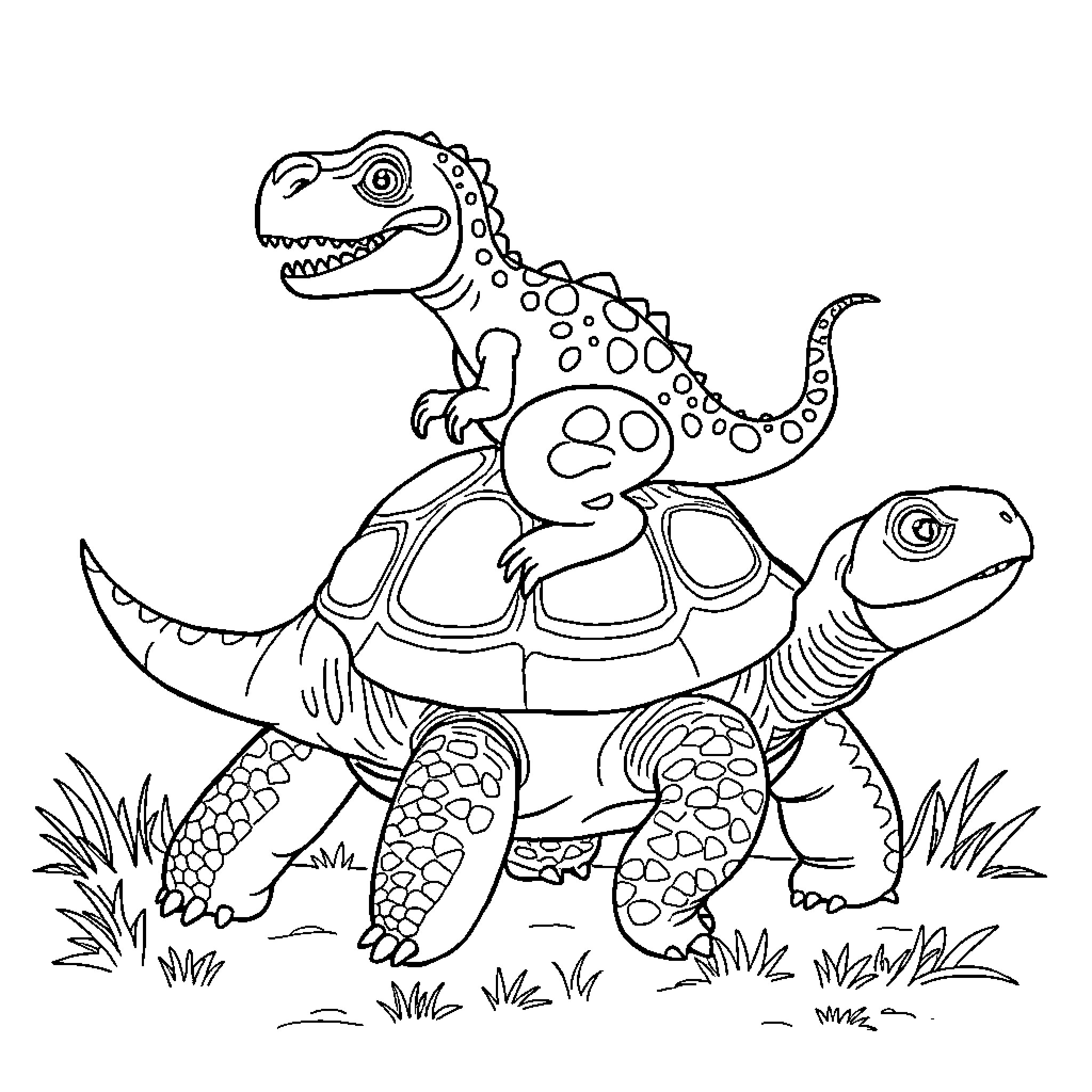 Dinosaur riding on the back of a turtle Coloring Page (free black-and-white line drawing printable PDF for all, from beginners to advanced learners, including children, teens, adults, and seniors)