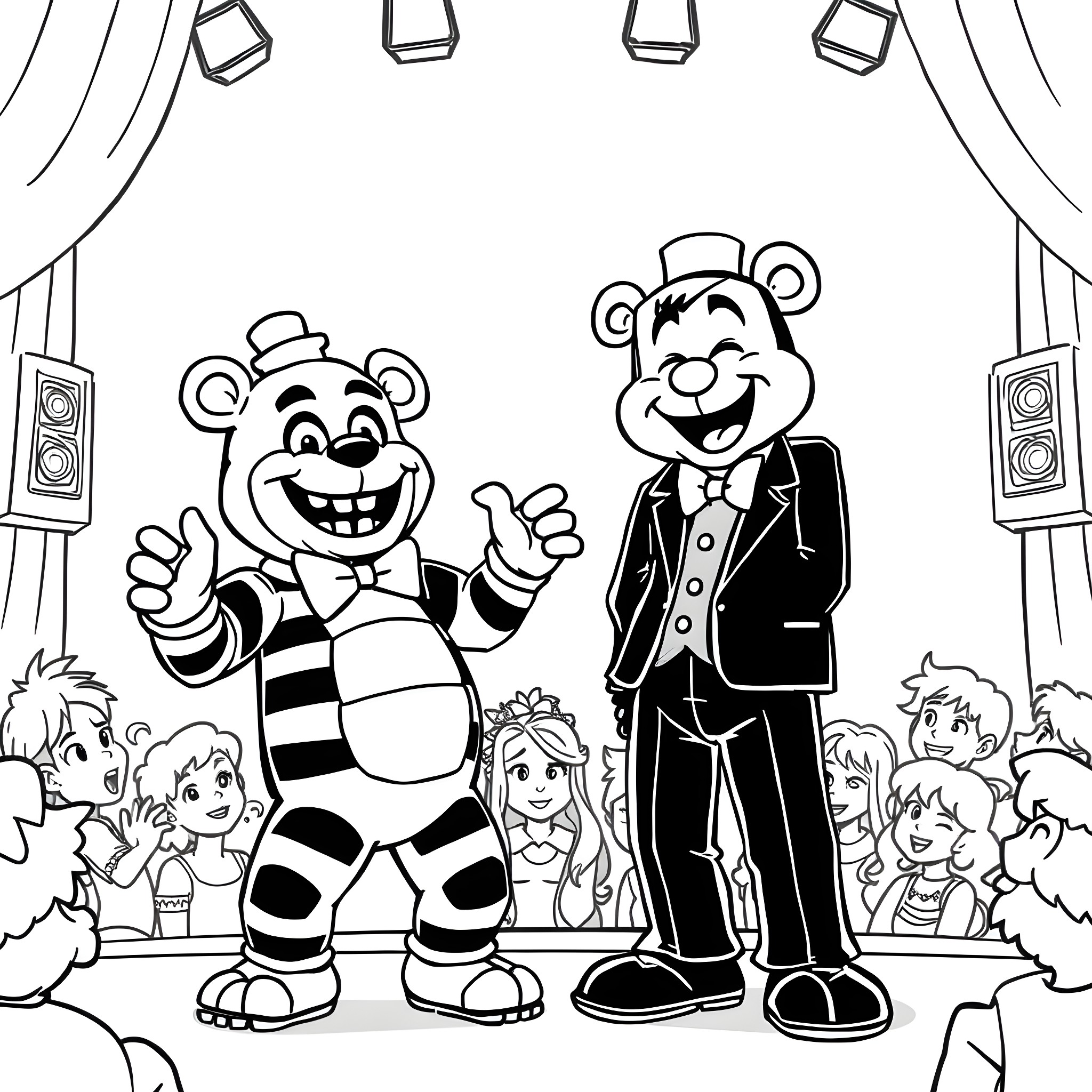 Freddy Fazbear and Friends Entertaining the Crowd Coloring Page (free black-and-white line drawing printable PDF for all, from beginners to advanced learners, including children, teens, adults, and seniors)