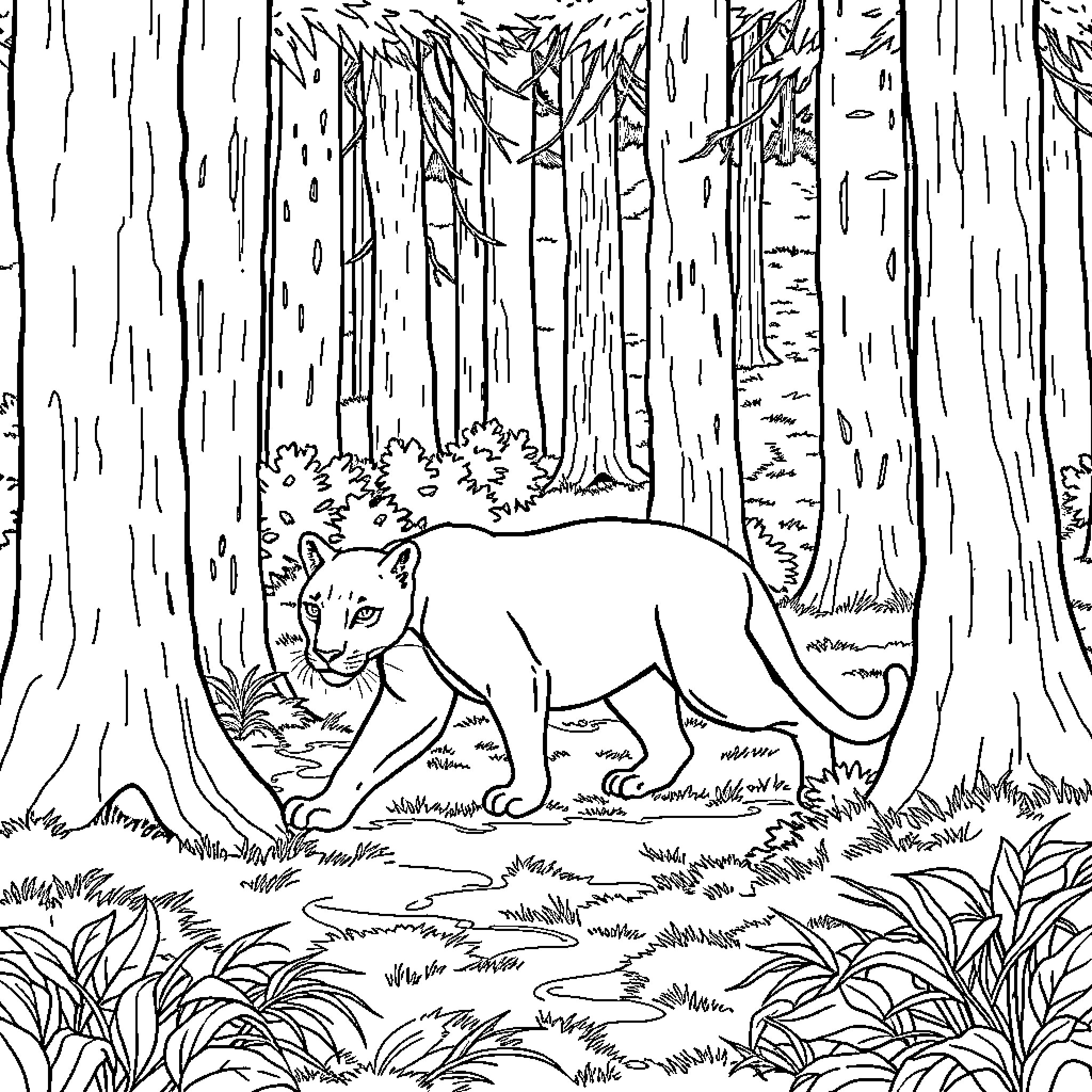 Panther stalking through the dense forest Coloring Page (free black-and-white line drawing printable PDF for all, from beginners to advanced learners, including children, teens, adults, and seniors)