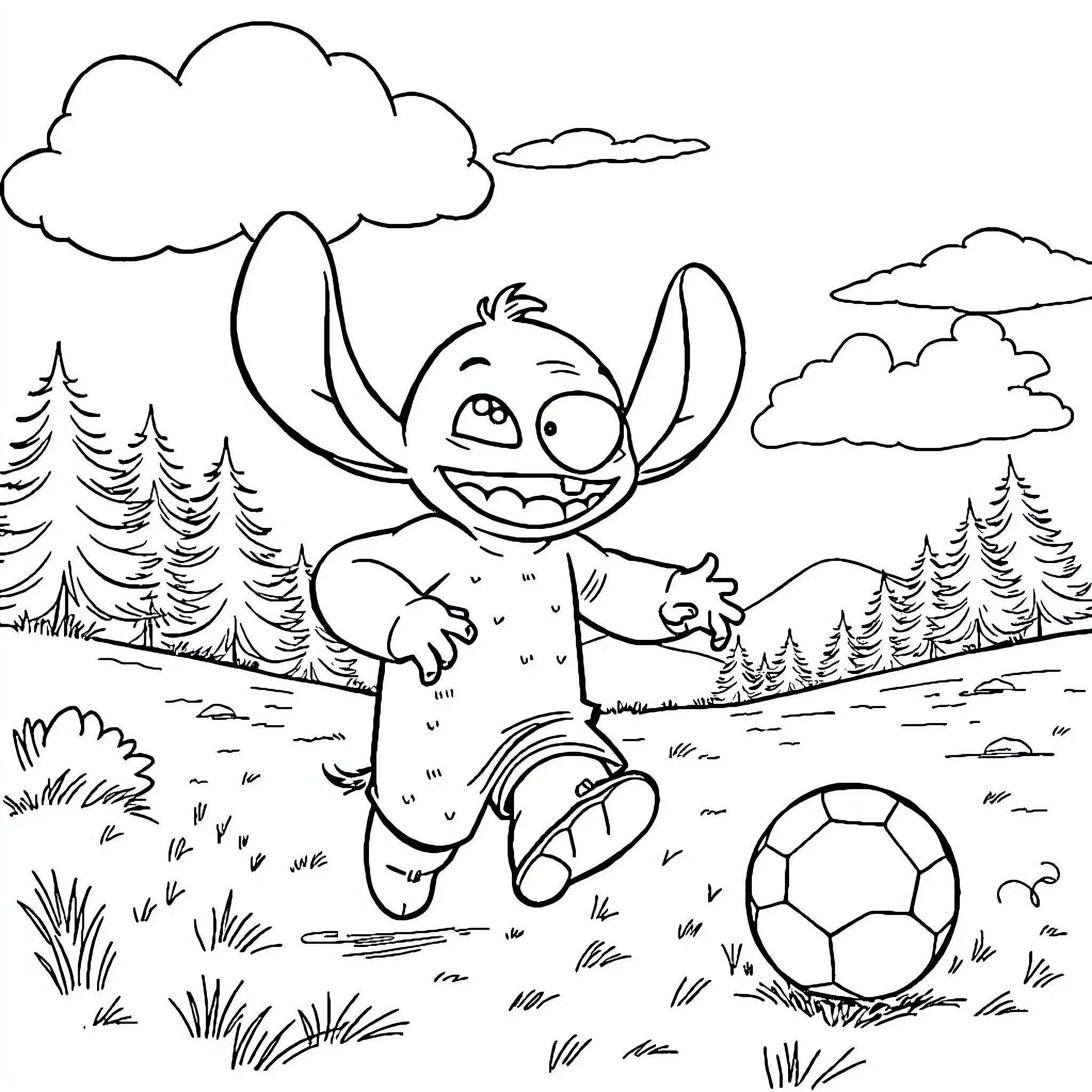 Stitch playing joyfully with soccer ball in nature Coloring Page (free black-and-white line drawing printable PDF for all, from beginners to advanced learners, including children, teens, adults, and seniors)