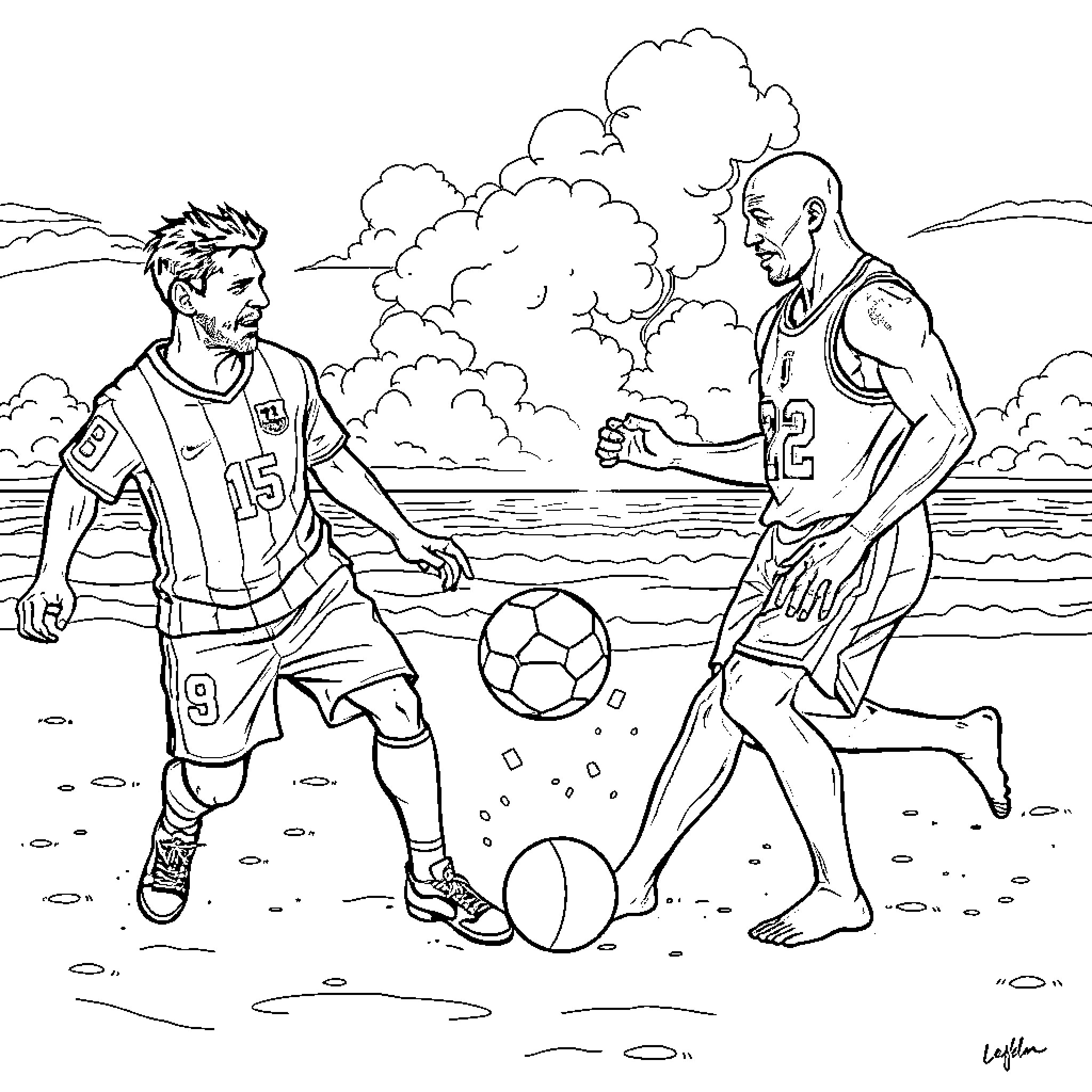 Lionel Messi and footballer playing soccer in field Coloring Page (free black-and-white line drawing printable PDF for all, from beginners to advanced learners, including children, teens, adults, and seniors)