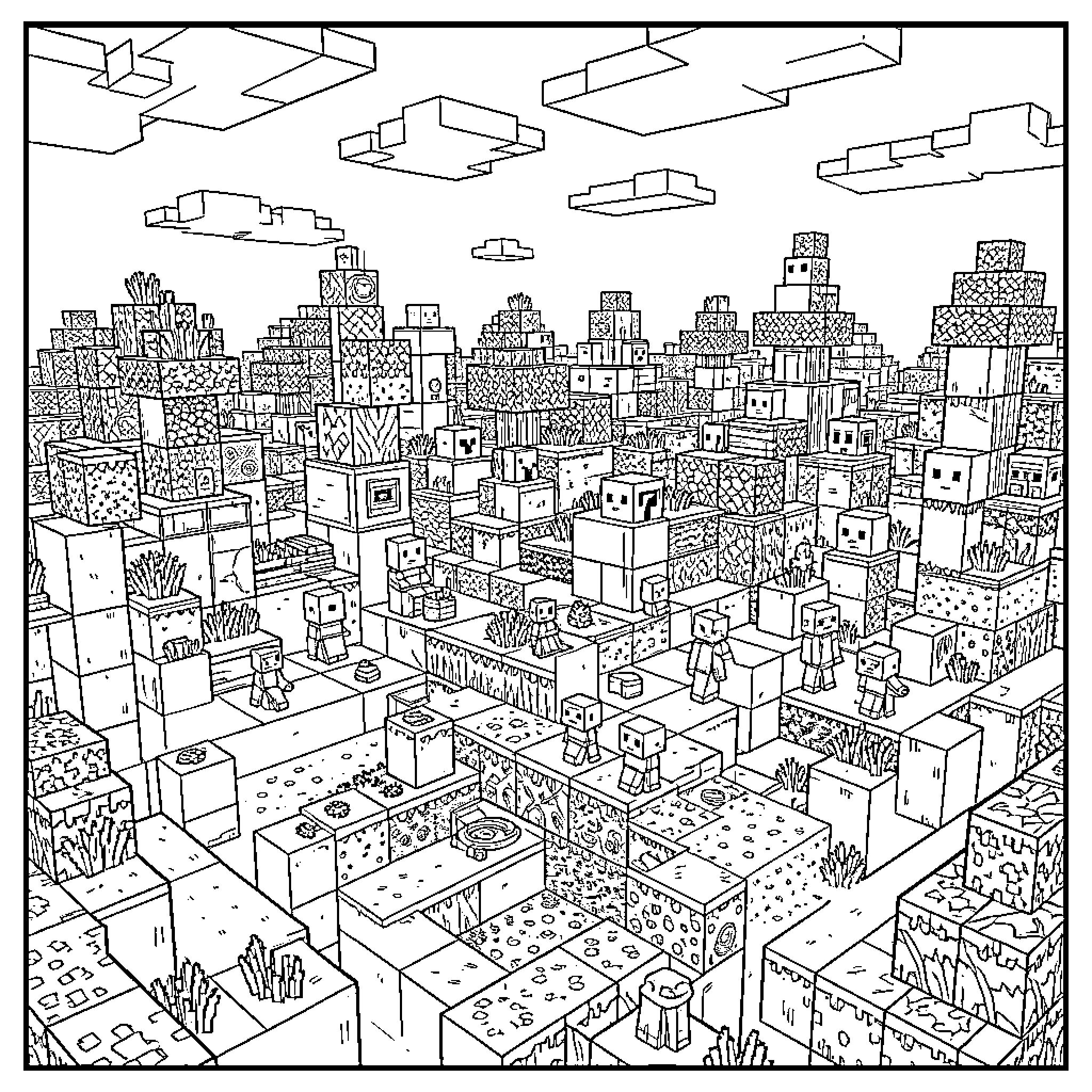 Minecraft City Scene with Diverse Structures and Inhabitants Coloring Page (free black-and-white line drawing printable PDF for all, from beginners to advanced learners, including children, teens, adults, and seniors)