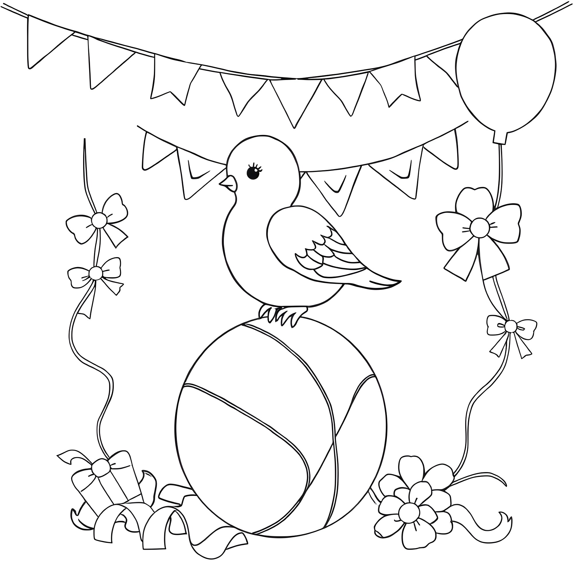 Dove celebrating with festive decorations Coloring Page (free black-and-white line drawing printable PDF for all, from beginners to advanced learners, including children, teens, adults, and seniors)