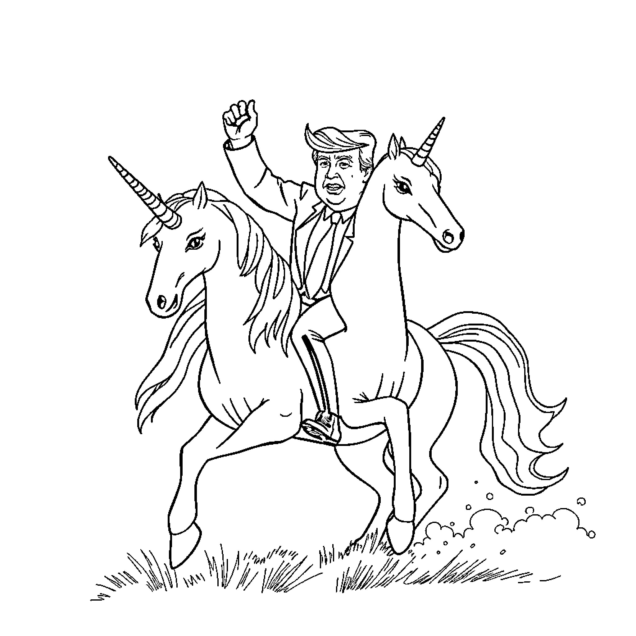 Unicorn rides with politician in triumph Coloring Page (free black-and-white line drawing printable PDF for all, from beginners to advanced learners, including children, teens, adults, and seniors)