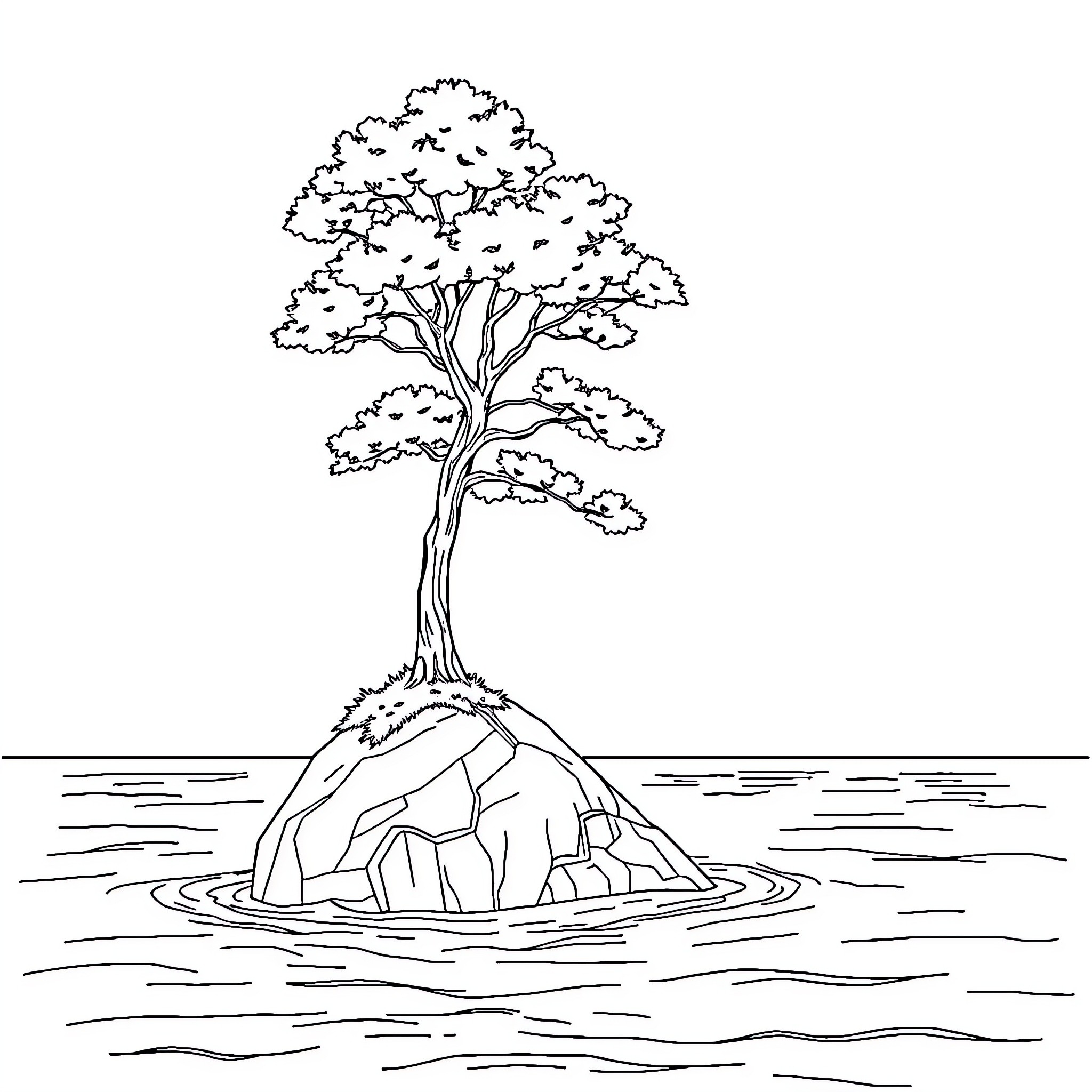 Tree growing on an island in the water Coloring Page (free black-and-white line drawing printable PDF for all, from beginners to advanced learners, including children, teens, adults, and seniors)