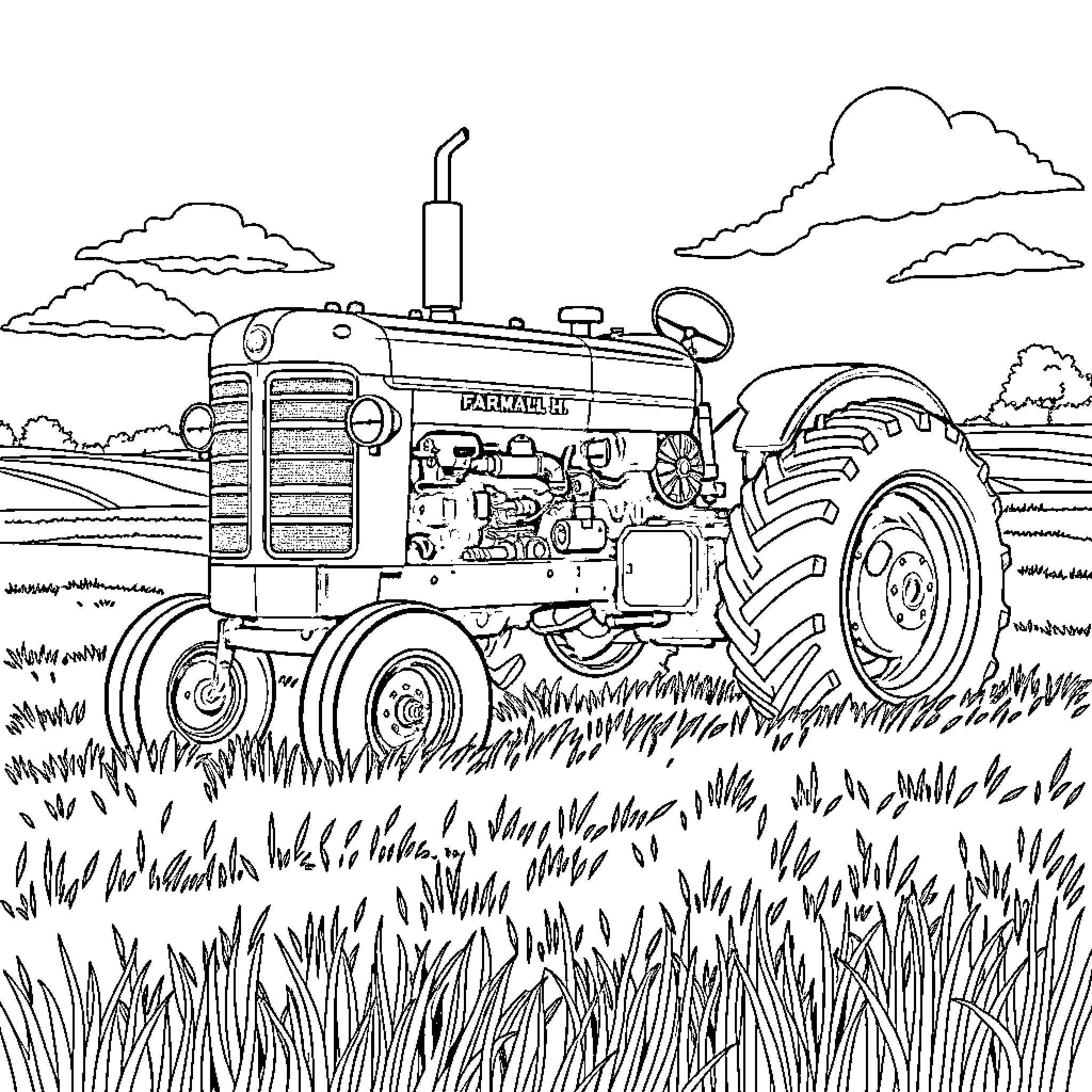 Tractor working in a grassy field Coloring Page (free black-and-white line drawing printable PDF for all, from beginners to advanced learners, including children, teens, adults, and seniors)