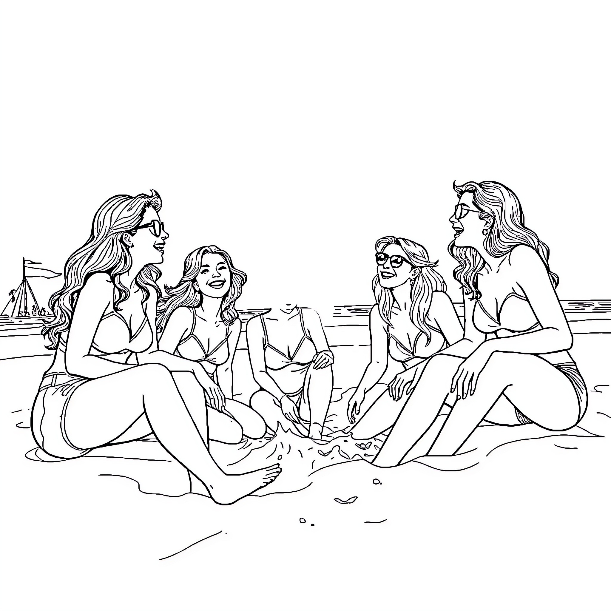Women socializing and relaxing on the beach Coloring Page (free black-and-white line drawing printable PDF for all, from beginners to advanced learners, including children, teens, adults, and seniors)