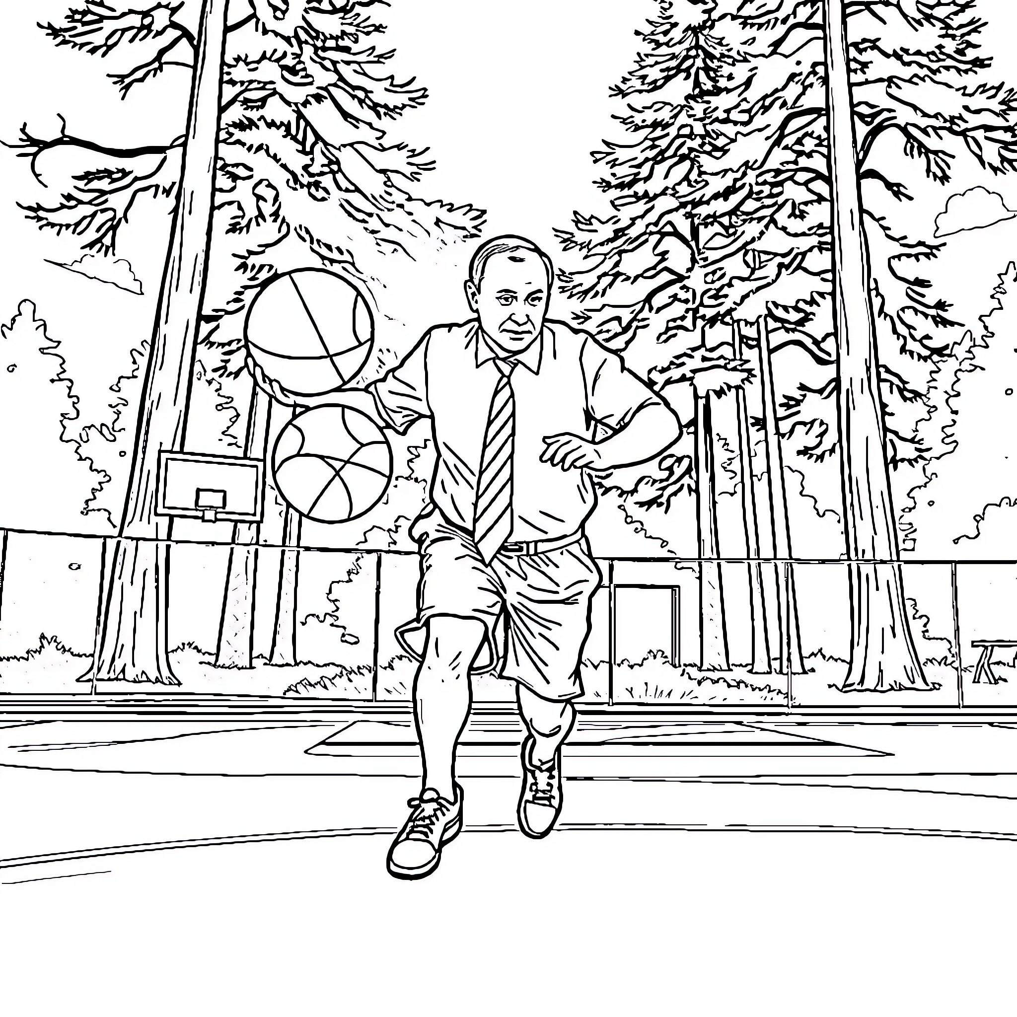 Putin Exercising in the Park Coloring Page (free black-and-white line drawing printable PDF for all, from beginners to advanced learners, including children, teens, adults, and seniors)