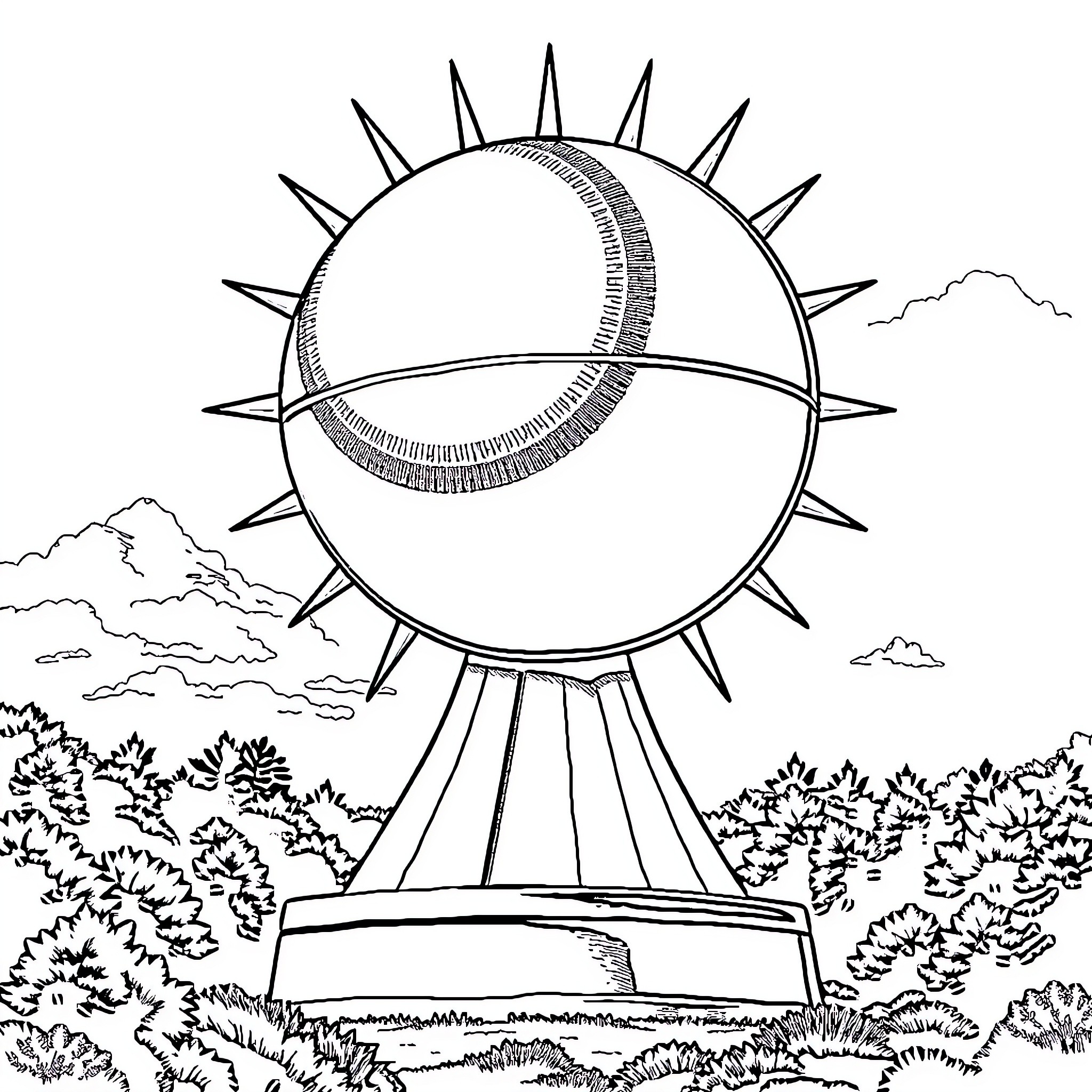Sunsphere overlooking scenic landscape Coloring Page (free black-and-white line drawing printable PDF for all, from beginners to advanced learners, including children, teens, adults, and seniors)