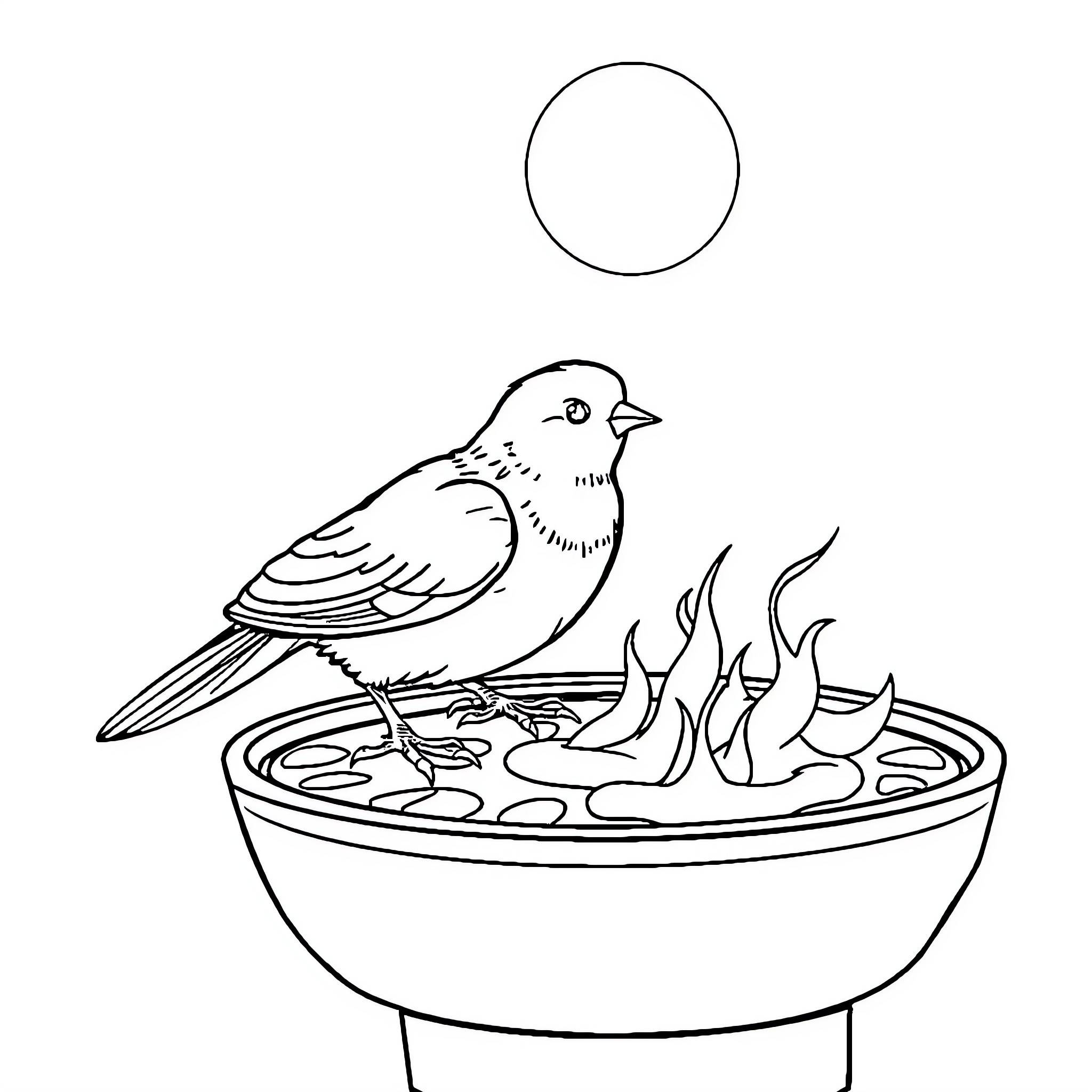 Chick Enjoying a Cozy Campfire Coloring Page (free black-and-white line drawing printable PDF for all, from beginners to advanced learners, including children, teens, adults, and seniors)