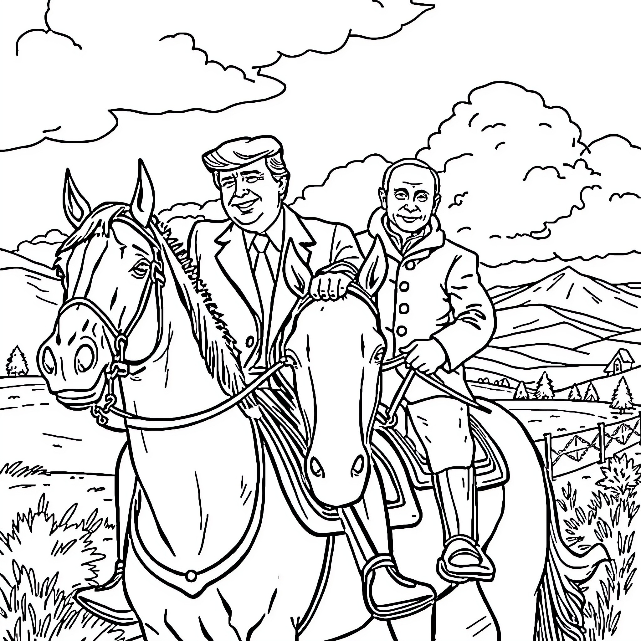 Donald Trump riding a horse with Vladimir Putin Coloring Page (free black-and-white line drawing printable PDF for all, from beginners to advanced learners, including children, teens, adults, and seniors)