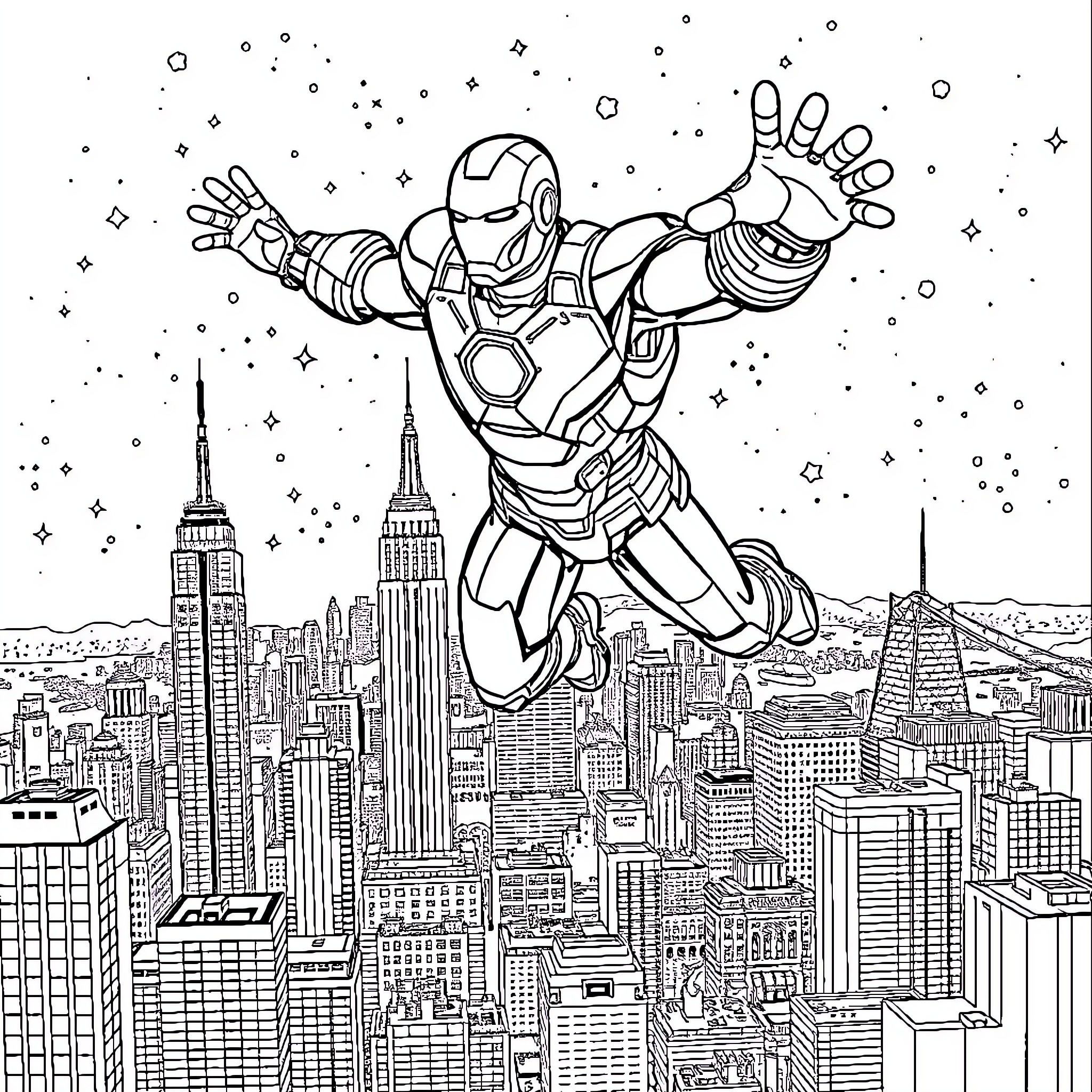 Iron Man soaring over the city skyline Coloring Page (free black-and-white line drawing printable PDF for all, from beginners to advanced learners, including children, teens, adults, and seniors)