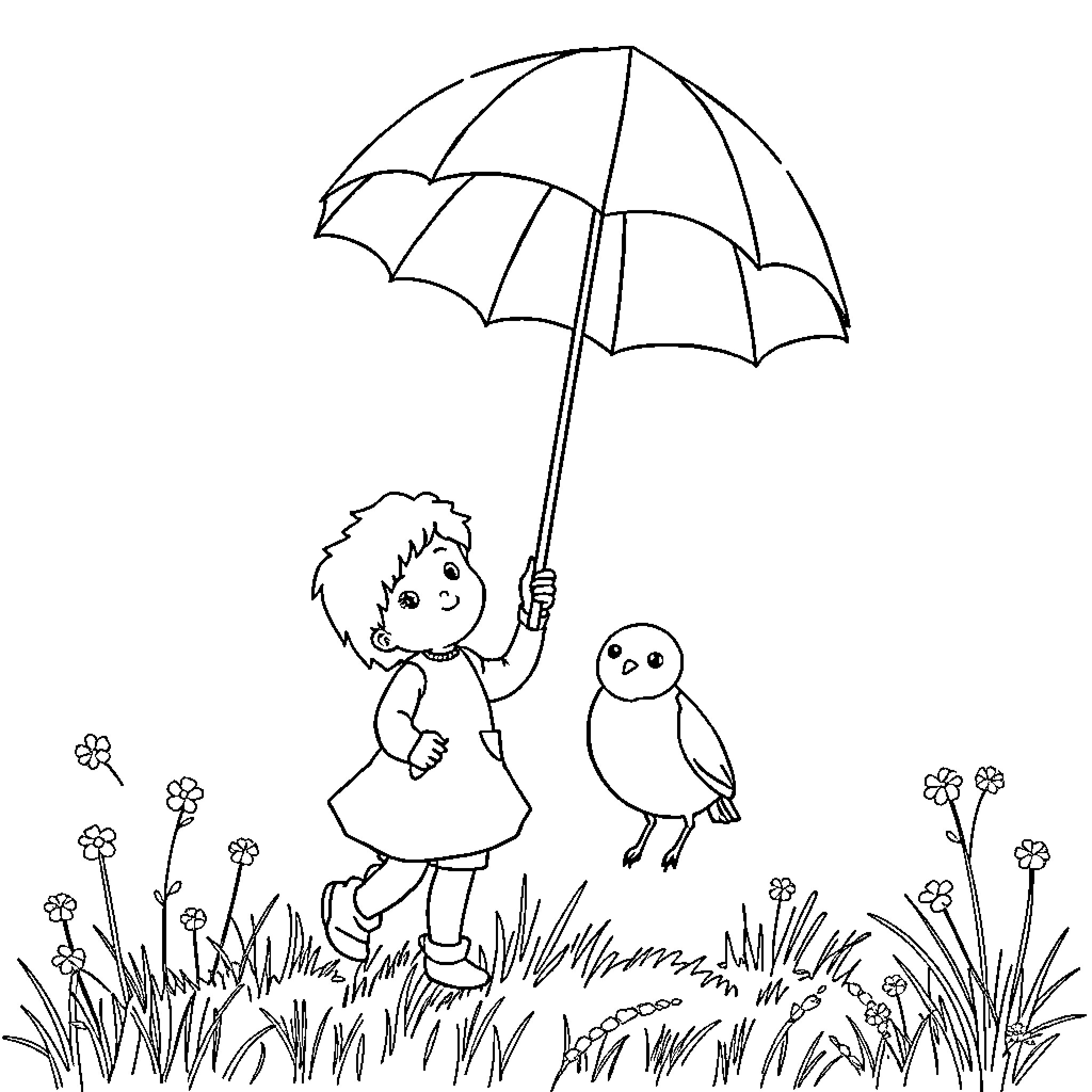 Boy and Girl Enjoying Rainy Day with Umbrella and Bird Coloring Page (free black-and-white line drawing printable PDF for all, from beginners to advanced learners, including children, teens, adults, and seniors)