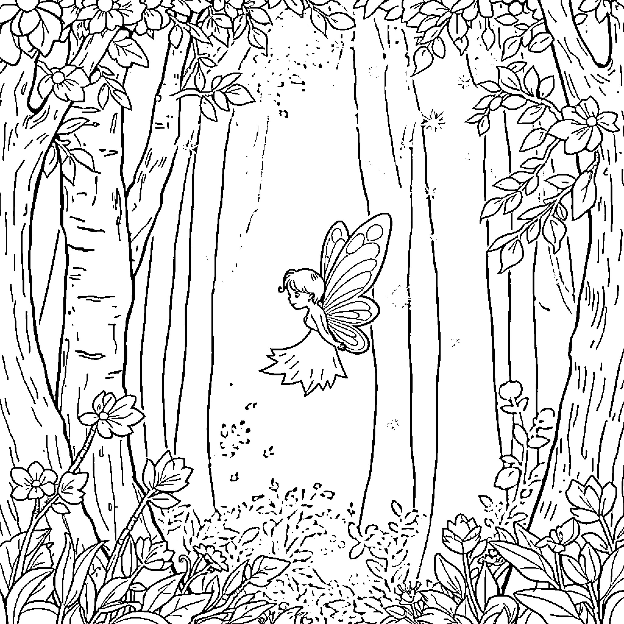 Fairy exploring enchanting forest landscape Coloring Page (free black-and-white line drawing printable PDF for all, from beginners to advanced learners, including children, teens, adults, and seniors)