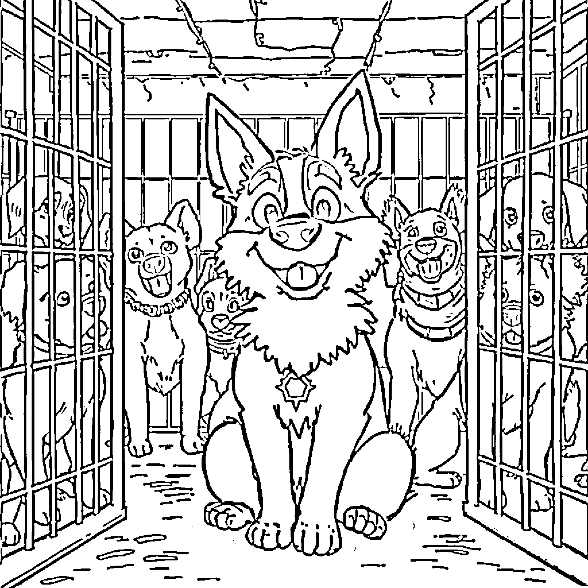Poochita's Playful Pals at the Kennel Coloring Page (free black-and-white line drawing printable PDF for all, from beginners to advanced learners, including children, teens, adults, and seniors)